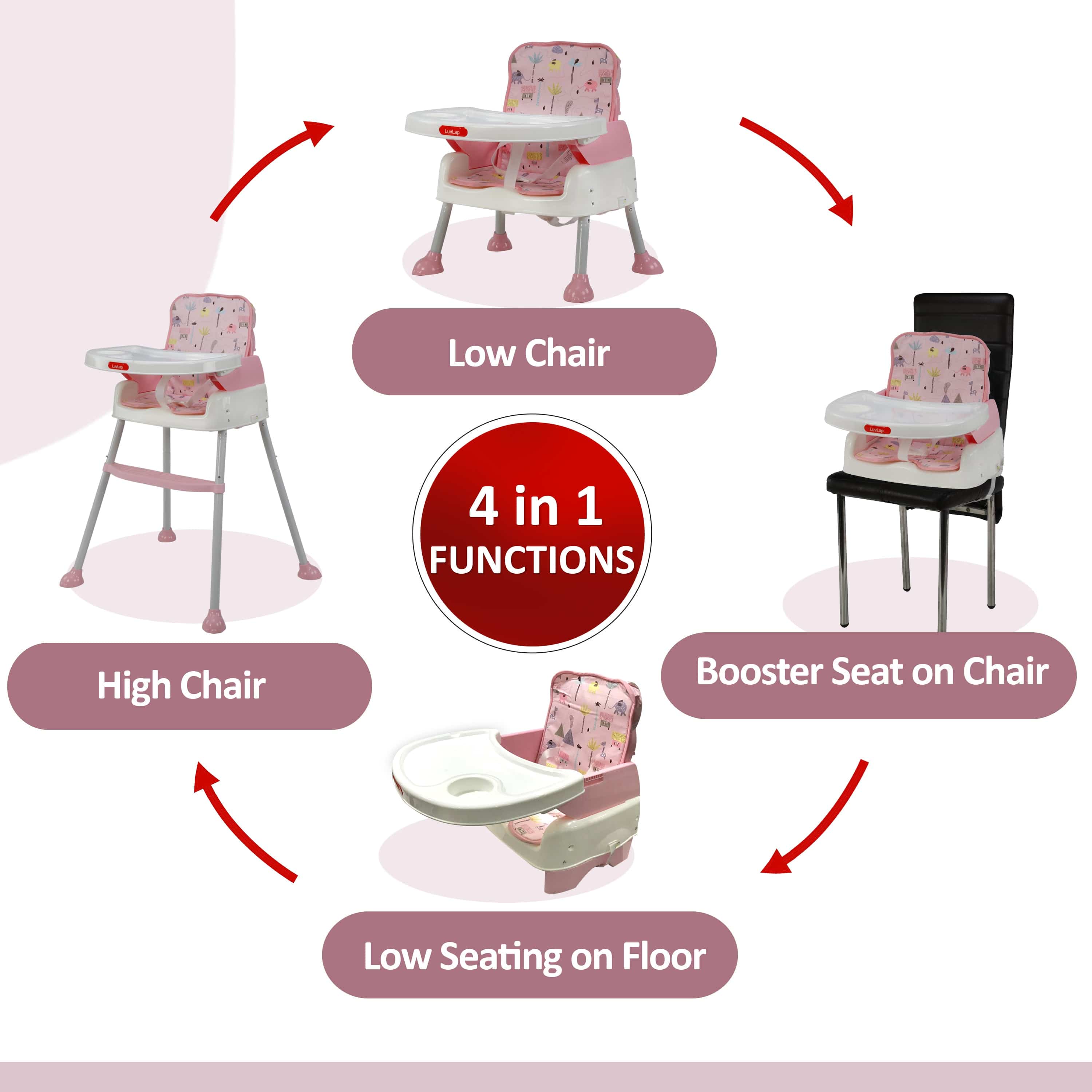 luvlap High Chair for Baby/Kids, Toddler Feeding Booster Seat with Wheels, 3 Height adjustments, With Cushion, 6 month to 3 years, Portable (Pink)
