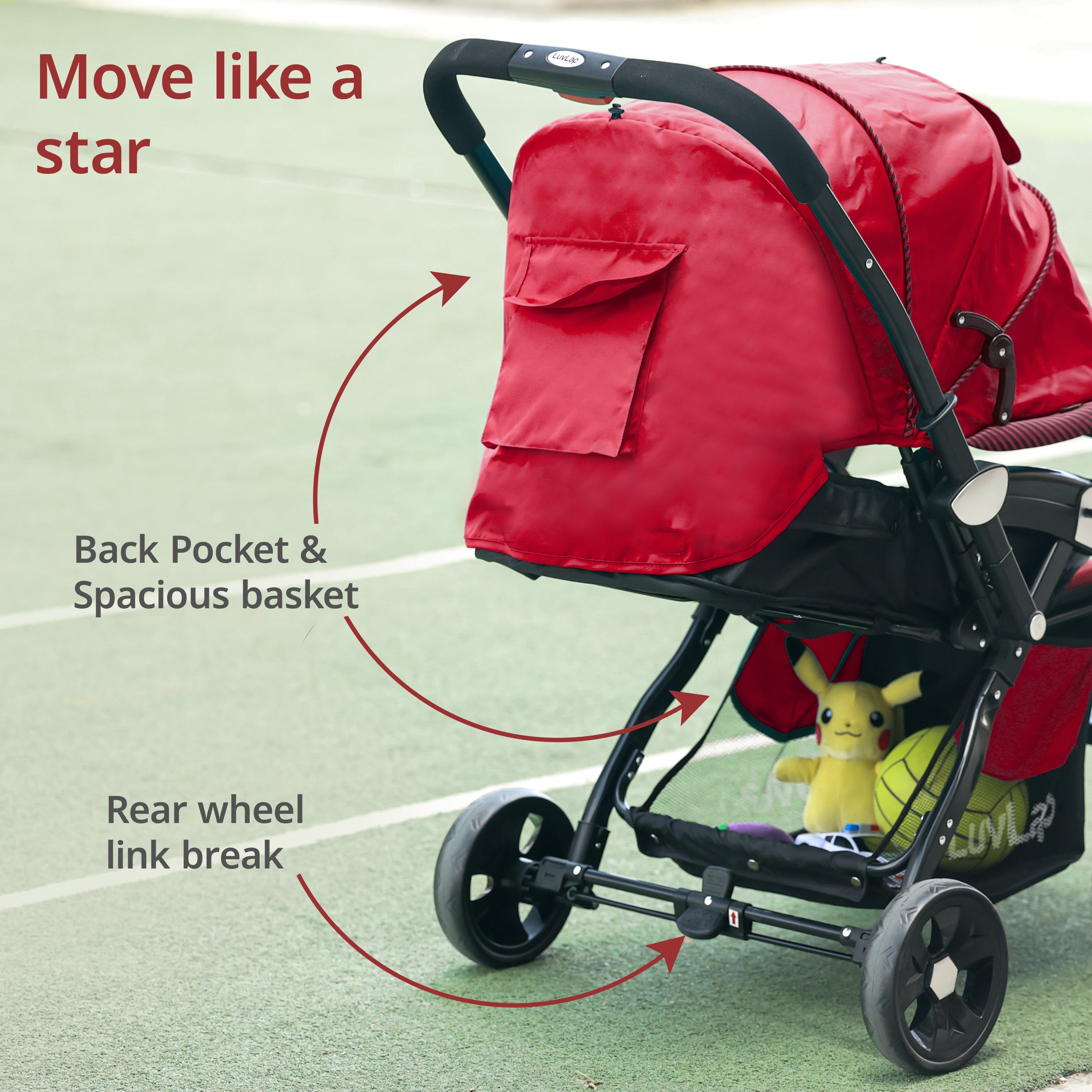 luvlap Galaxy Baby Stroller, Pram for Baby with 5 Point Safety Harness, Spacious Cushioned Seat with Multi Level Seat Recline, Easy Fold, Lightweight Stroller for 0 to 3 Years (Red & Black)