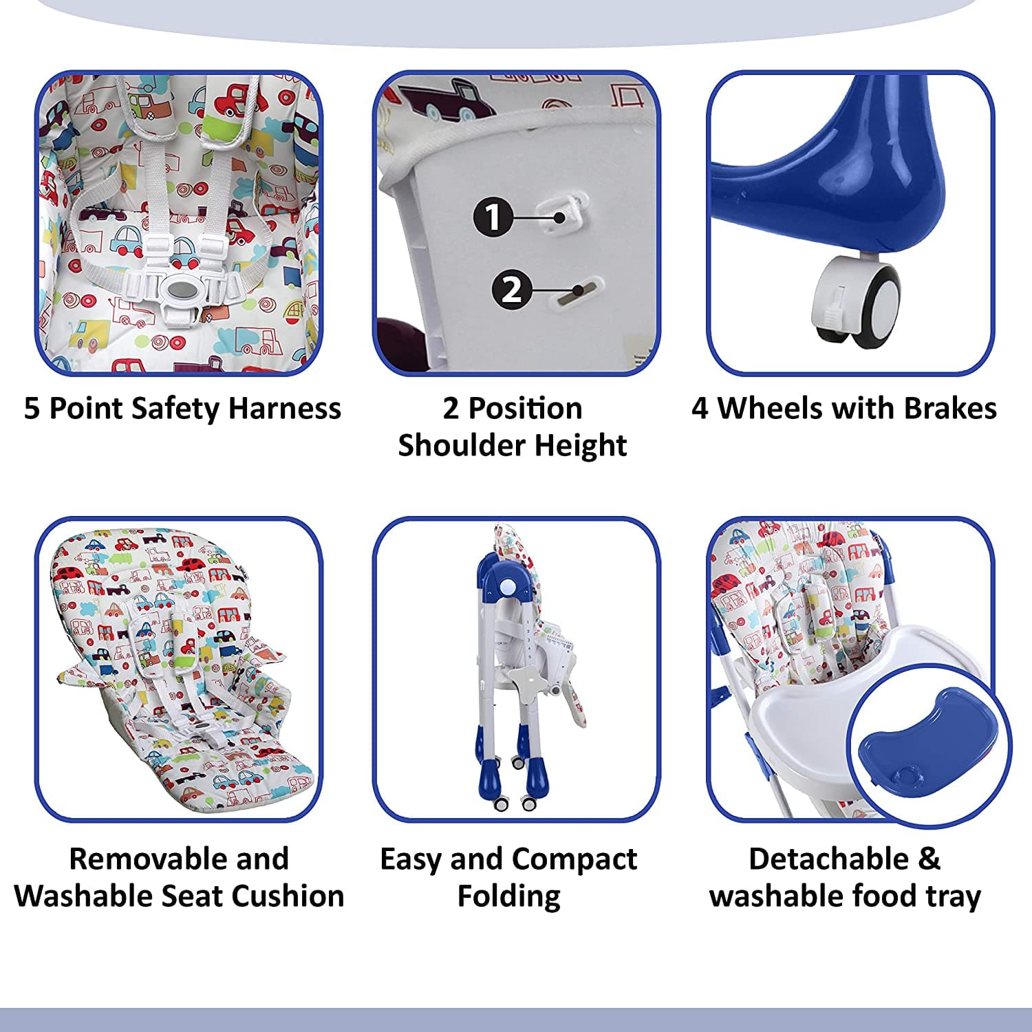 luvlap Royal High Chair for Baby, EN 71 Certified, 3 Position Recline, Baby Feeding Chair with 7 Level Height Adjustment, Adjustable Footrest, 6 Months+ (Blue)