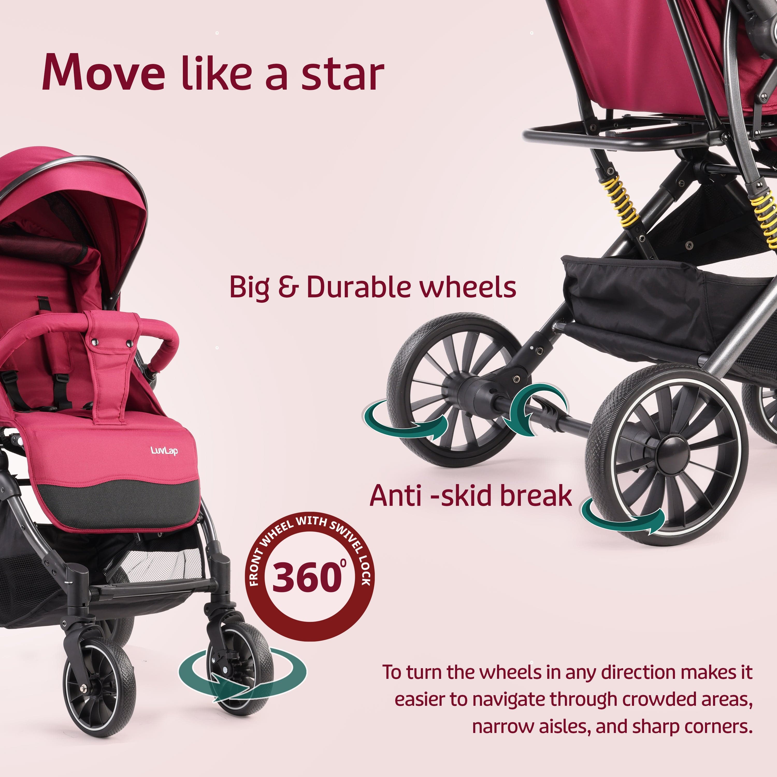 luvlap Alpha Baby Stroller/Pram, One Fold, Travel Friendly, 5 Point Safety Harness, Reversible Handle bar, Multilevel Recline & Adjustable footrest, Extendable Canopy, for Babies 0-3 Years (Red)