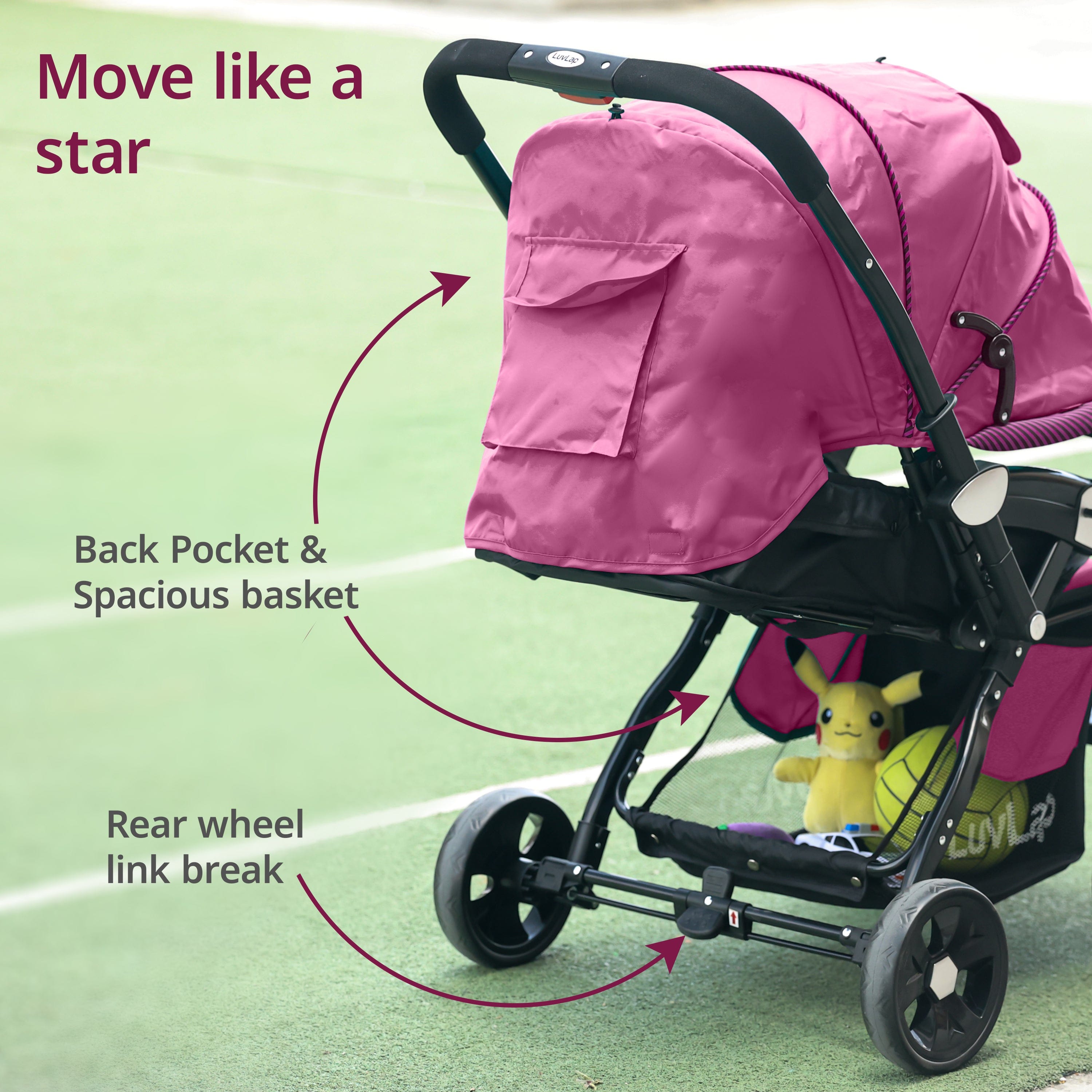 luvlap Galaxy Baby Stroller, Pram for Baby with 5 Point Safety Harness, Spacious Cushioned seat with Multi Level seat Recline, Easy Fold, Lightweight Stroller for 0 to 3 Years (Pink & Black)
