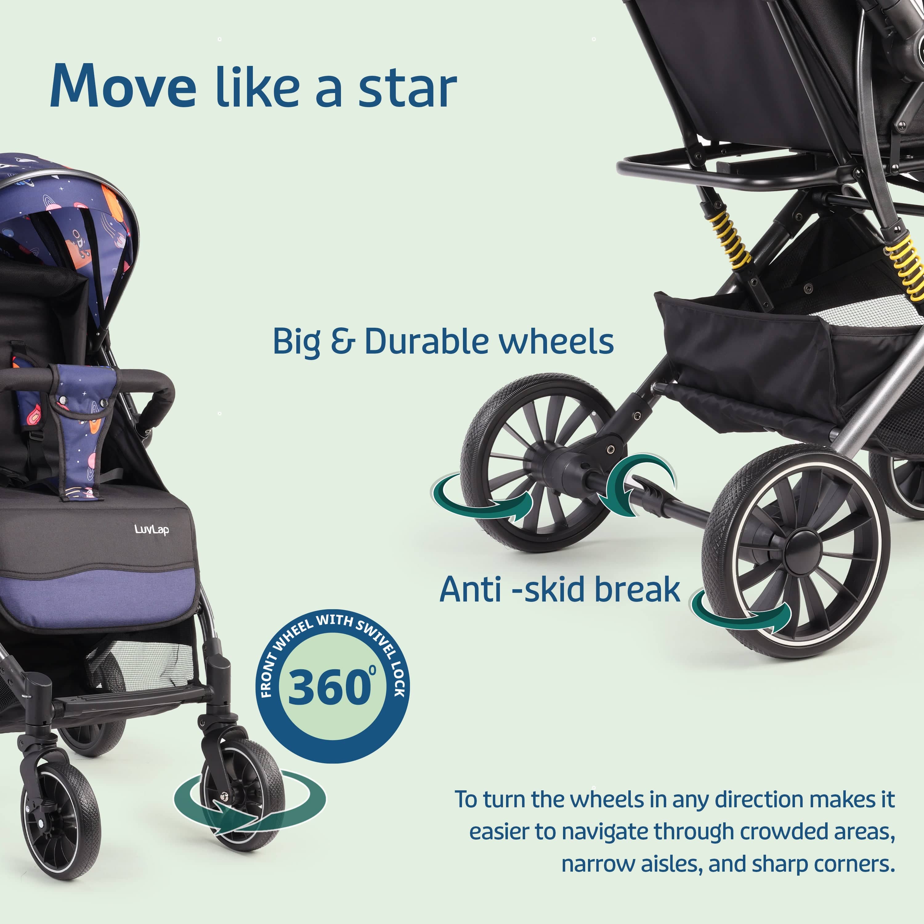 luvlap Alpha Baby Stroller/Pram, One Fold, Travel Friendly, 5 Point Safety Harness, Reversible Handle bar, Multilevel Recline & Adjustable footrest, Extendable Canopy, for Babies 0-3 Years (Blue)