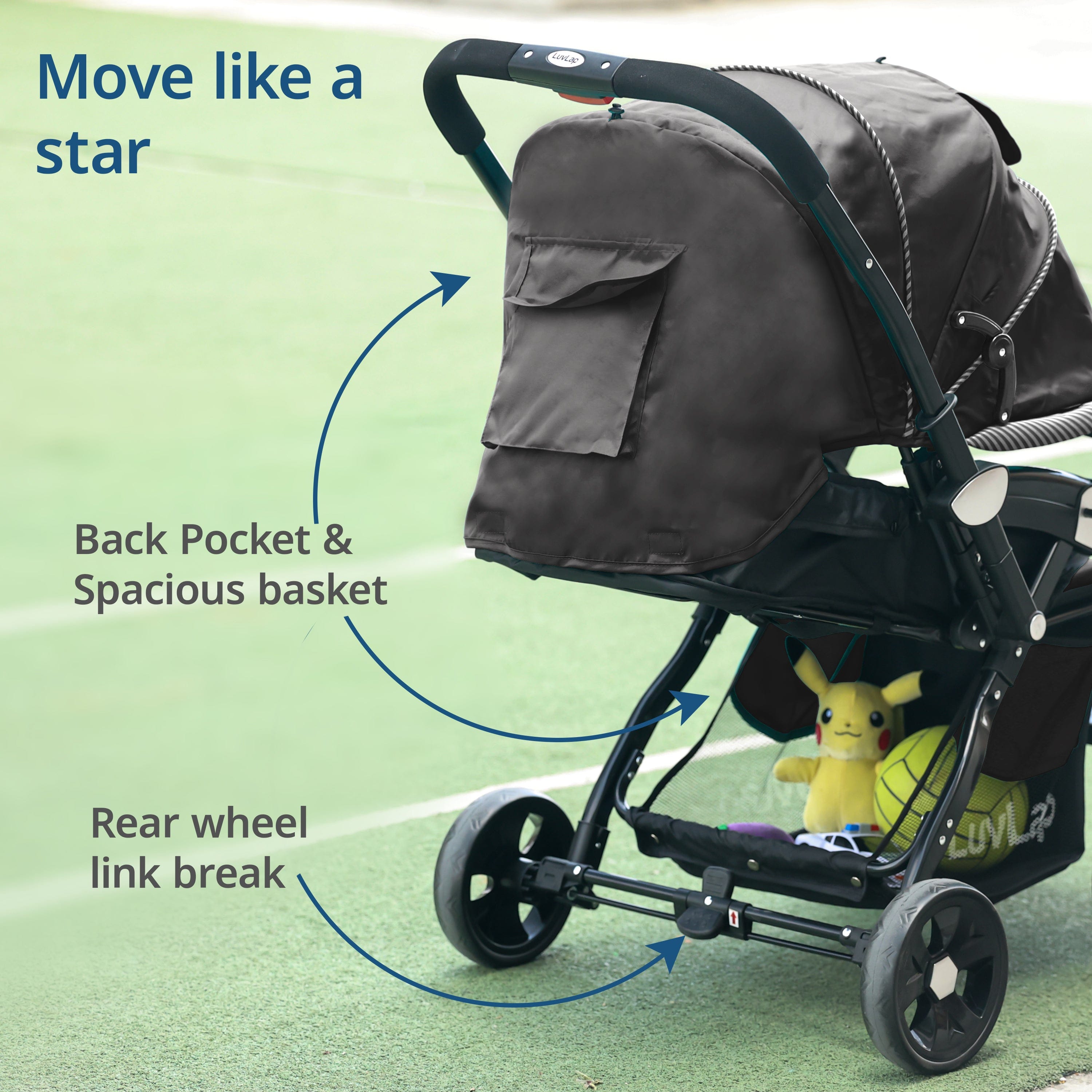 luvlap Galaxy Baby Stroller, Pram for Baby with 5 Point Safety Harness, Spacious Cushioned seat with Multi Level seat Recline, Easy Fold, Lightweight Stroller for 0 to 3 Years (Black)