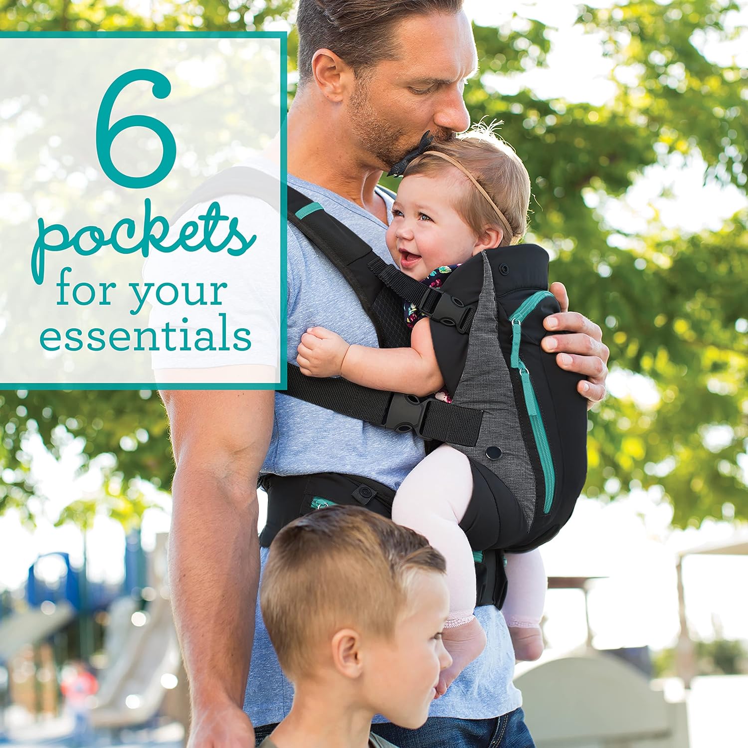 Infantino Carry On Active - Ergonomic Multi-Pocket Infant & Toddler Carrier, 8-40 lbs, with Padded Straps, Lumbar Belt Storage & Pacifier Loop