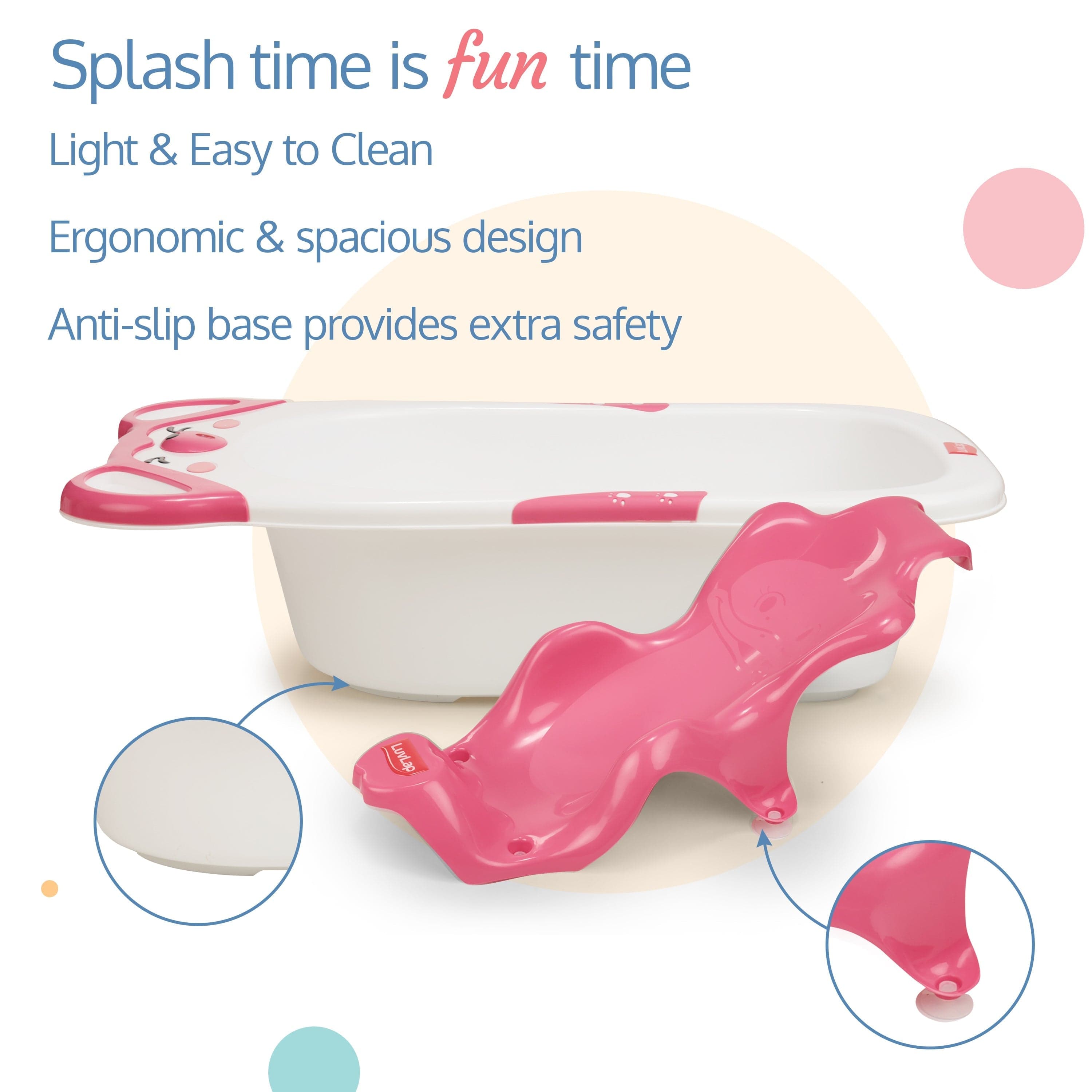 LuvLap Bubble Baby Bathtub (White & Pink) & Anti Slip Baby Plastic Bath Chair (Pink), Bathtub with Drain Plug, Baby Bath Seat/Sling with Non Slip Suction Base, Baby Bathing Essential