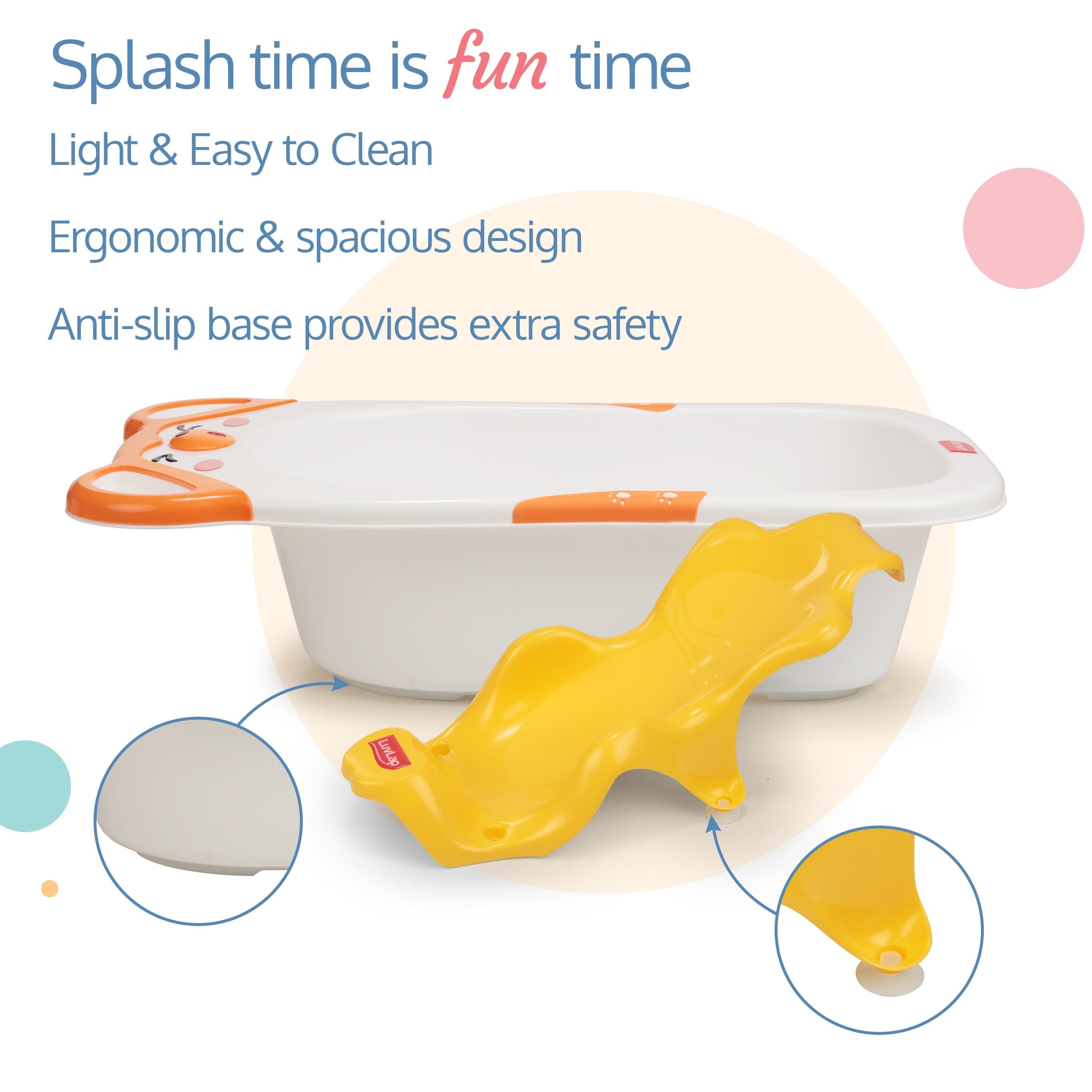 LuvLap Bubble Baby Bathtub (White & Orange) & Anti Slip Baby Plastic Bath Chair (Yellow)
