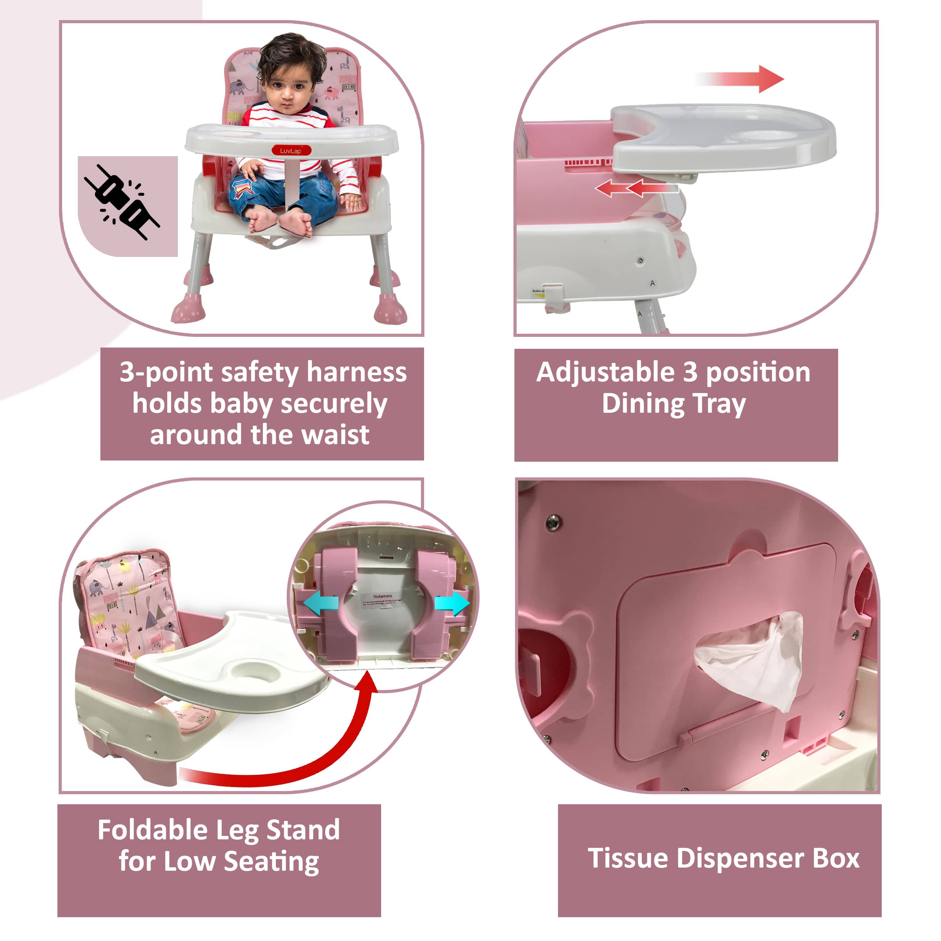 luvlap High Chair for Baby/Kids, Toddler Feeding Booster Seat with Wheels, 3 Height adjustments, With Cushion, 6 month to 3 years, Portable (Pink)