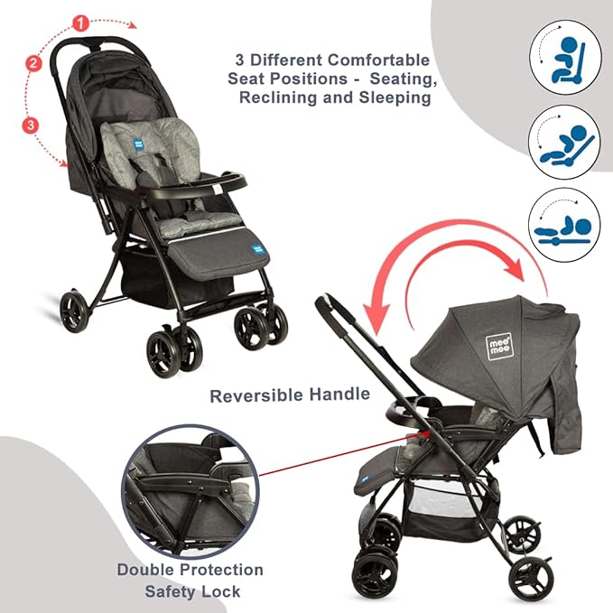 Mee Mee Easy to Push Baby Stroller Pram with Quick One Hand Folding | Comfortable Seating | Fully Rotating Wheels | Feeding Tray for New Born Baby/Kids, 0-4 Years