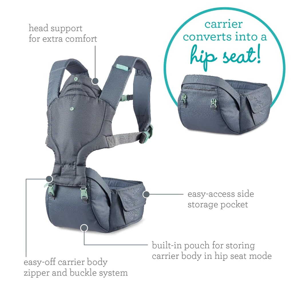 Infantino Hip Rider Plus 5-in-1 Carrier With Extra Padded Seat, Straps, and Waist Belt, 5 Ways to Carry (5.5-20.4 kgs) Grey