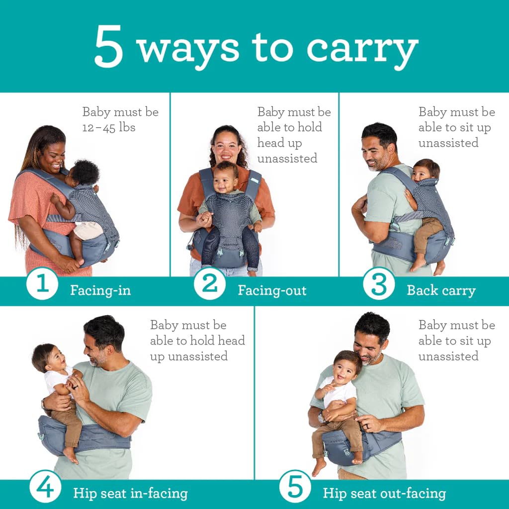 Infantino Hip Rider Plus 5-in-1 Carrier With Extra Padded Seat, Straps, and Waist Belt, 5 Ways to Carry (5.5-20.4 kgs) Grey