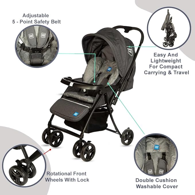 Mee Mee Easy to Push Baby Stroller Pram with Quick One Hand Folding | Comfortable Seating | Fully Rotating Wheels | Feeding Tray for New Born Baby/Kids, 0-4 Years
