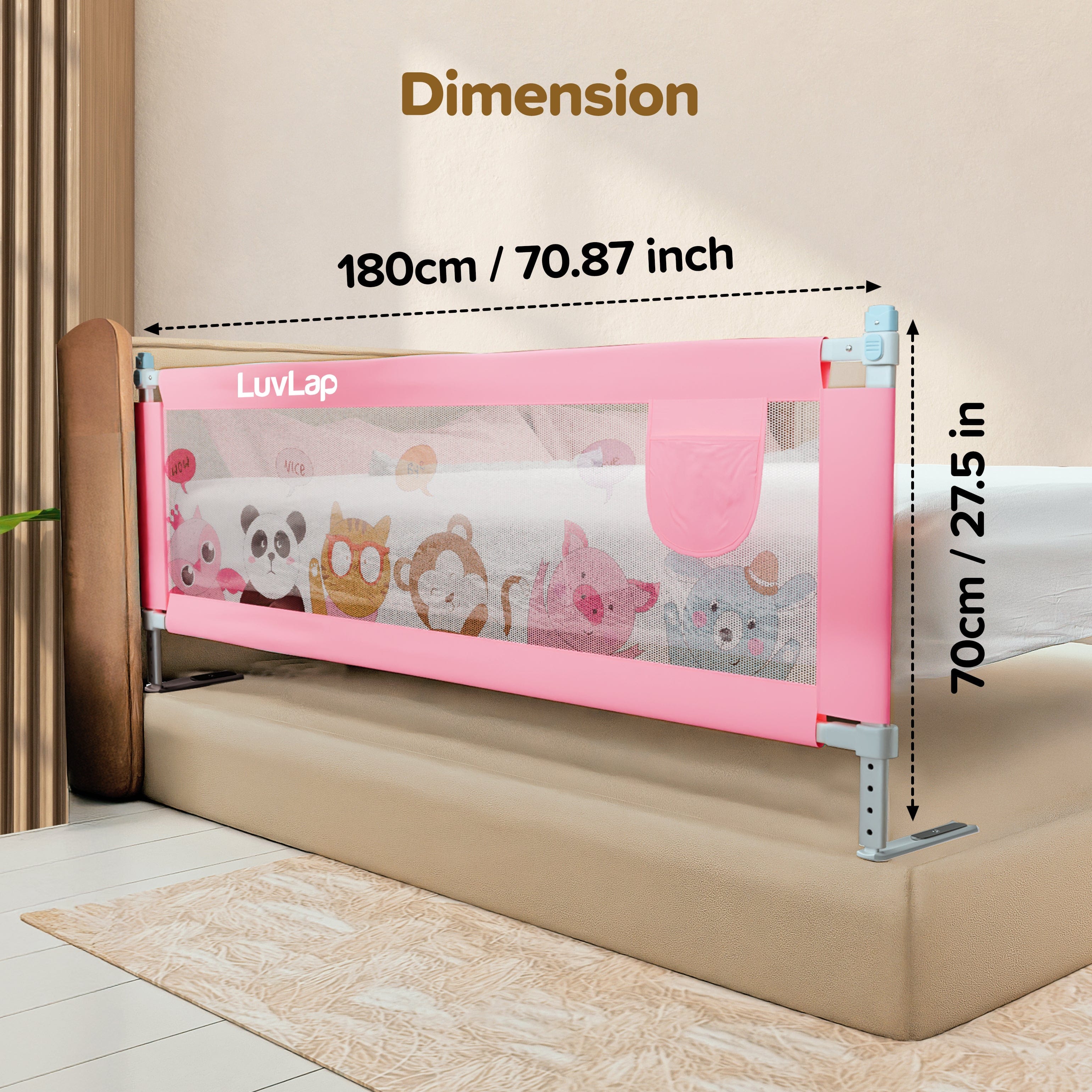 LuvLap Comfy Baby Bed Rail Guard (6 ft x 2.3 ft), 180cmx72cm, Bed Rails for Baby & Toddler Safety, Portable, Adjustable Height, Single Side Bed Rail, Pack of 1, Printed Pink