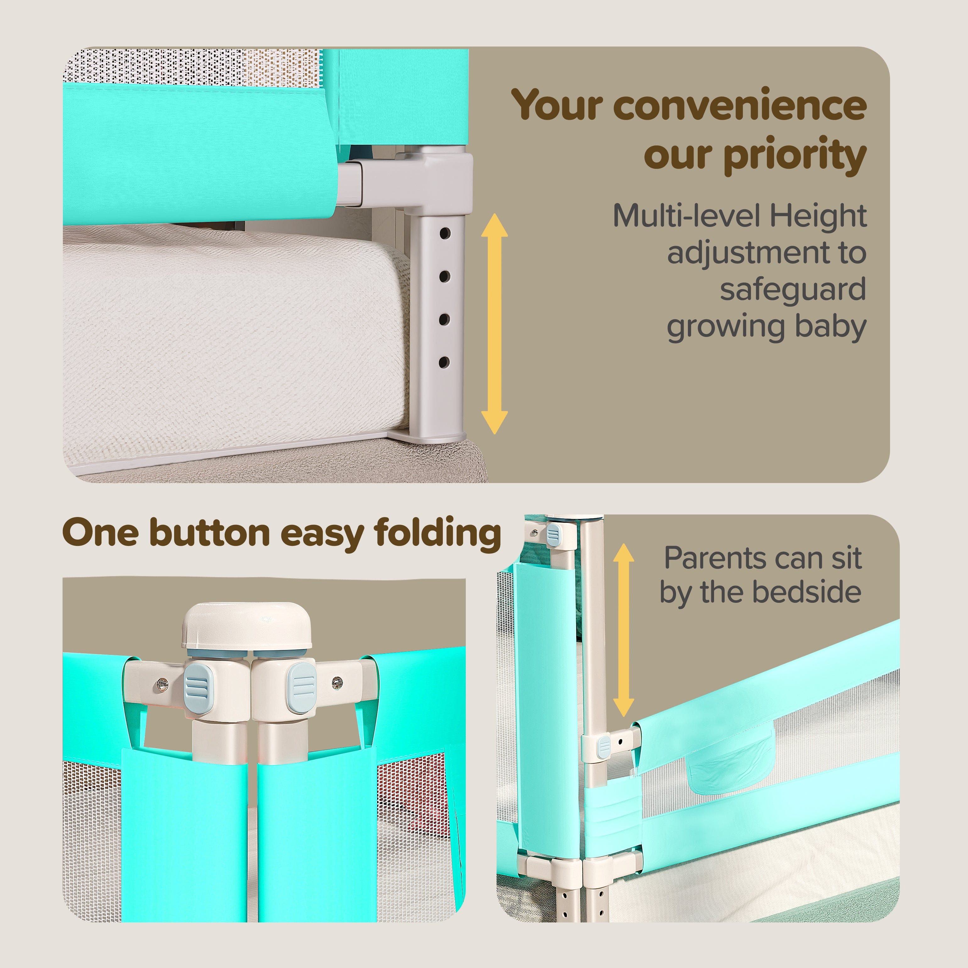 LuvLap Alloy Steel Bed Rail Guard for Baby/Kids Safety, 180Cm X 72 Cm, Portable & Foldable, Baby Safety Essential, Adjustable Height, Fits All Bed Sizes (Green - Without Print)