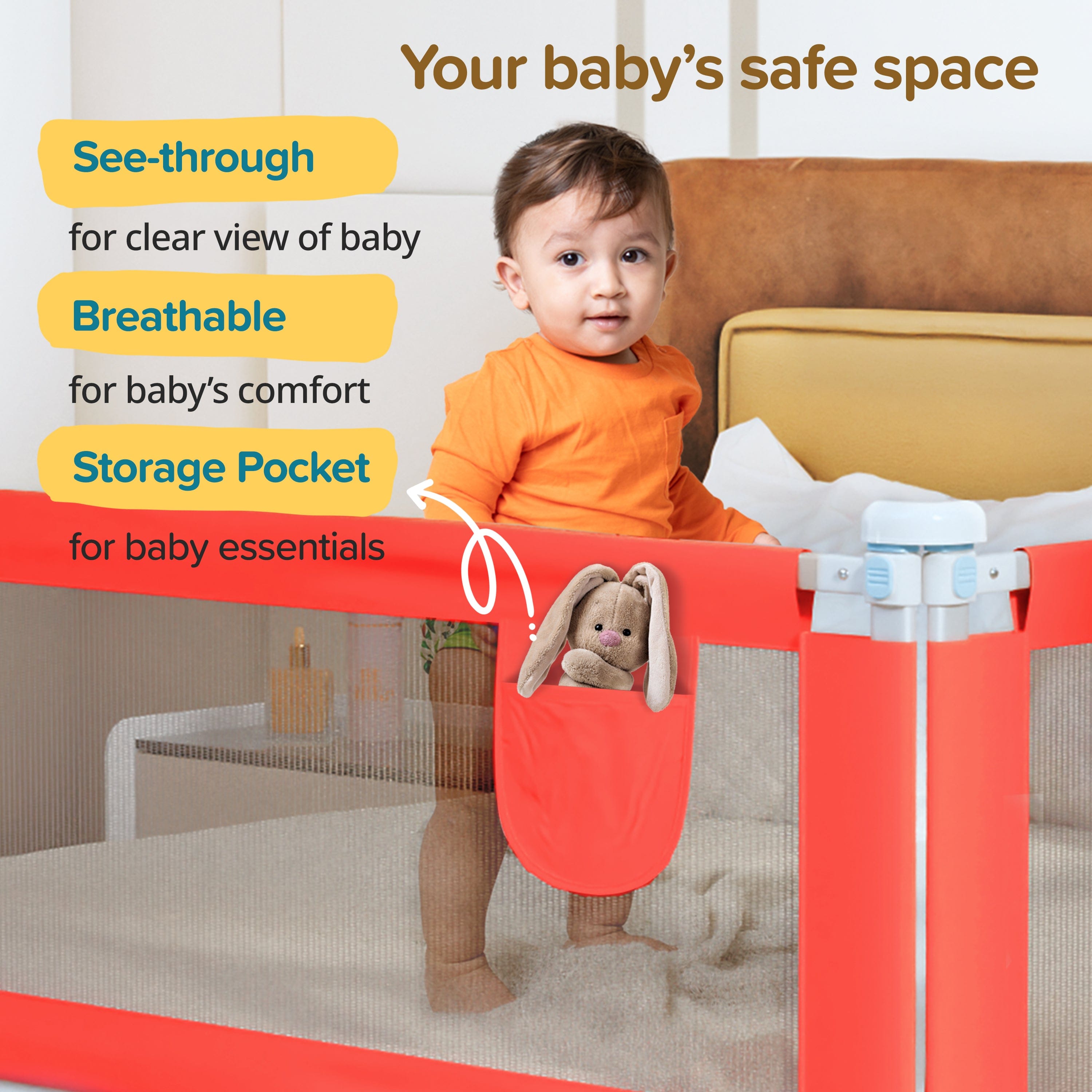 LuvLap Bed Rail Guard for Baby/Kids Safety, 180cm x 72 cm, Portable & Foldable, Baby Safety Essential, Adjustable Height, fits All Bed Sizes (Red - Without Print)