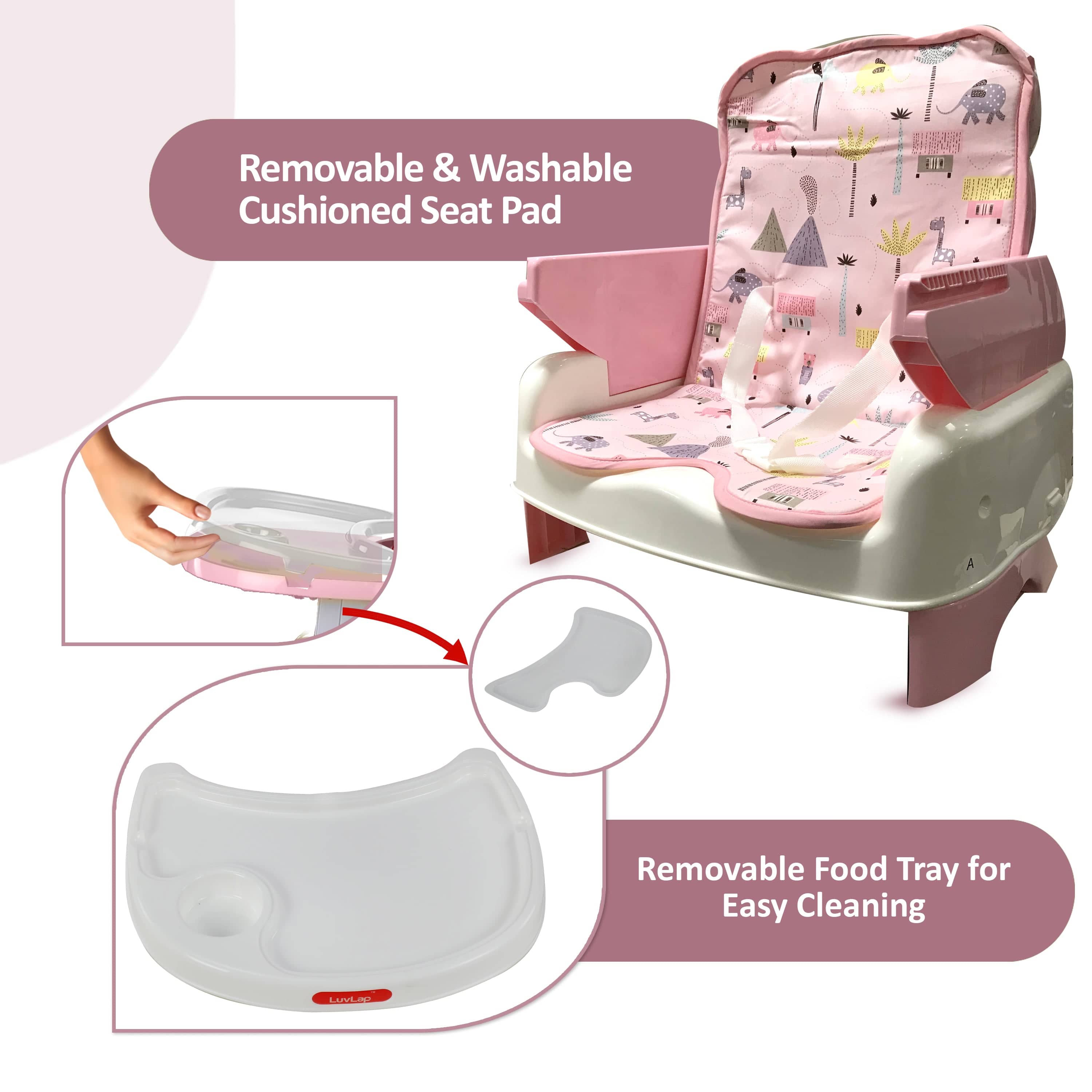 luvlap High Chair for Baby/Kids, Toddler Feeding Booster Seat with Wheels, 3 Height adjustments, With Cushion, 6 month to 3 years, Portable (Pink)