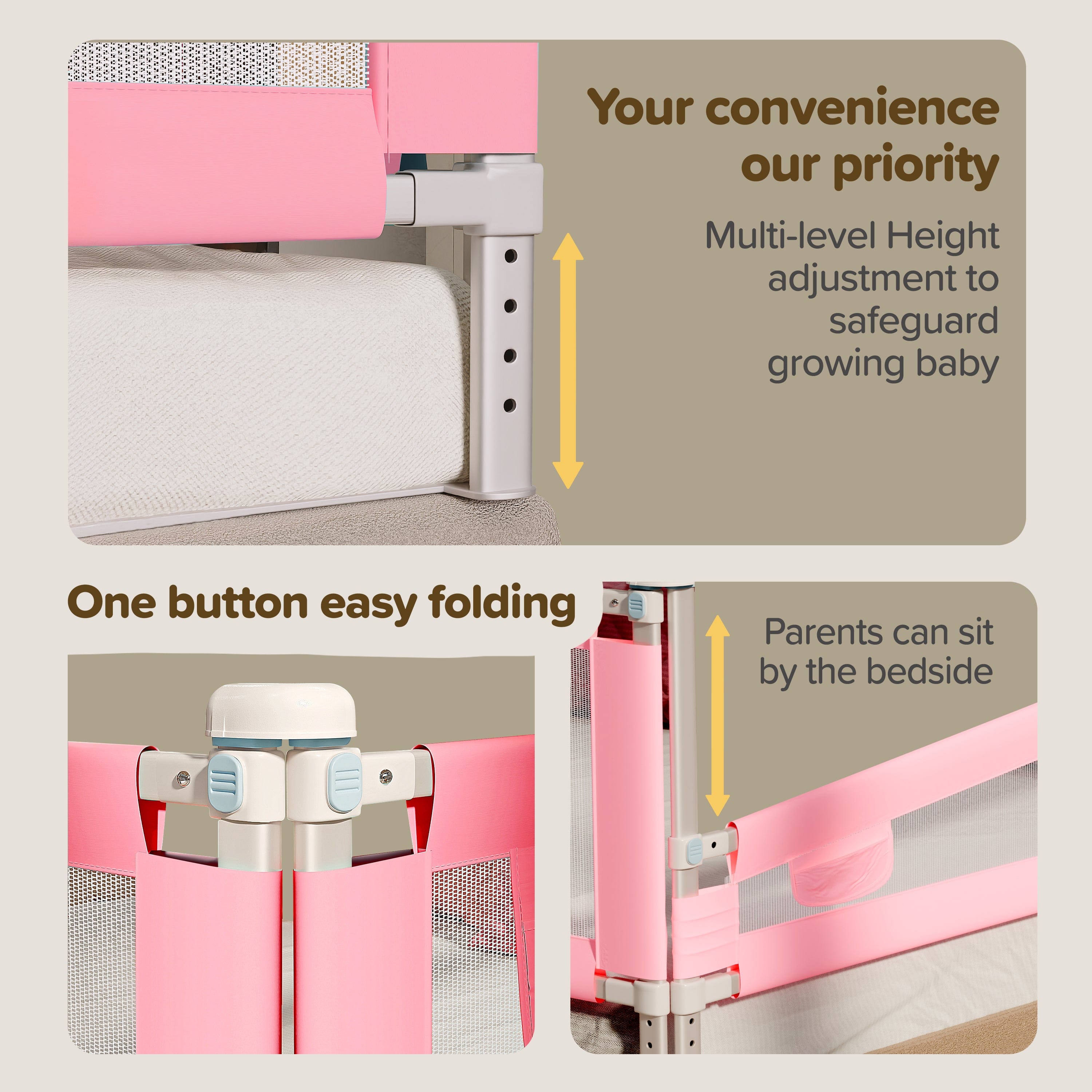 LuvLap Bed Rail Guard for Baby/Kids Safety, 180cm x 72 cm, Portable & Foldable, Baby Safety Essential, Adjustable Height, fits All Bed Sizes (Pink - Without Print)