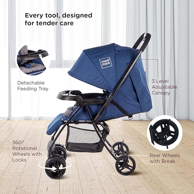 Mee Mee Easy to Push Baby Stroller Pram with Quick One Hand Folding | Comfortable Seating | Fully Rotating Wheels | Feeding Tray for New Born Baby/Kids, 0-4 Years