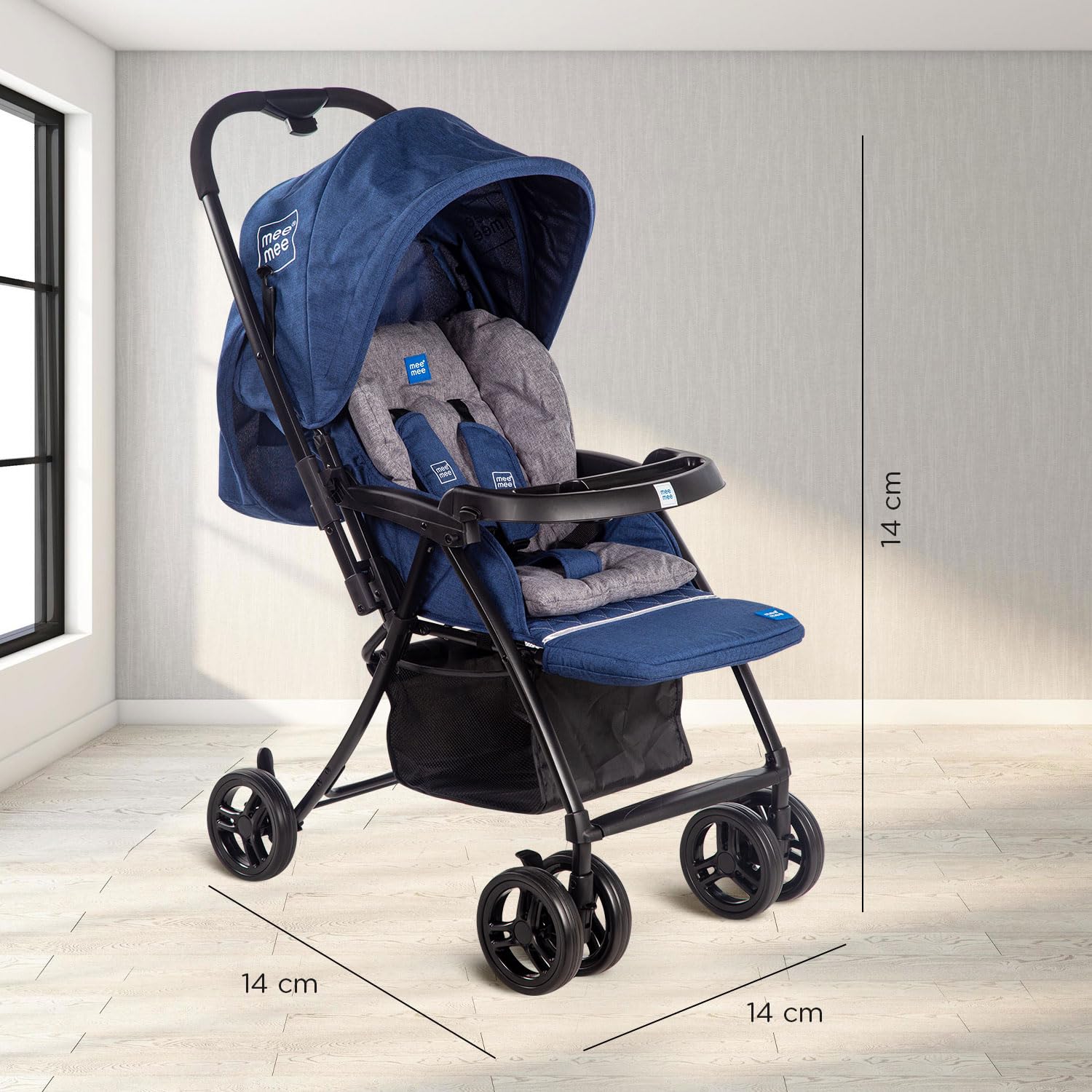 Mee Mee Easy to Push Baby Stroller Pram with Quick One Hand Folding | Comfortable Seating | Fully Rotating Wheels | Feeding Tray for New Born Baby/Kids, 0-4 Years
