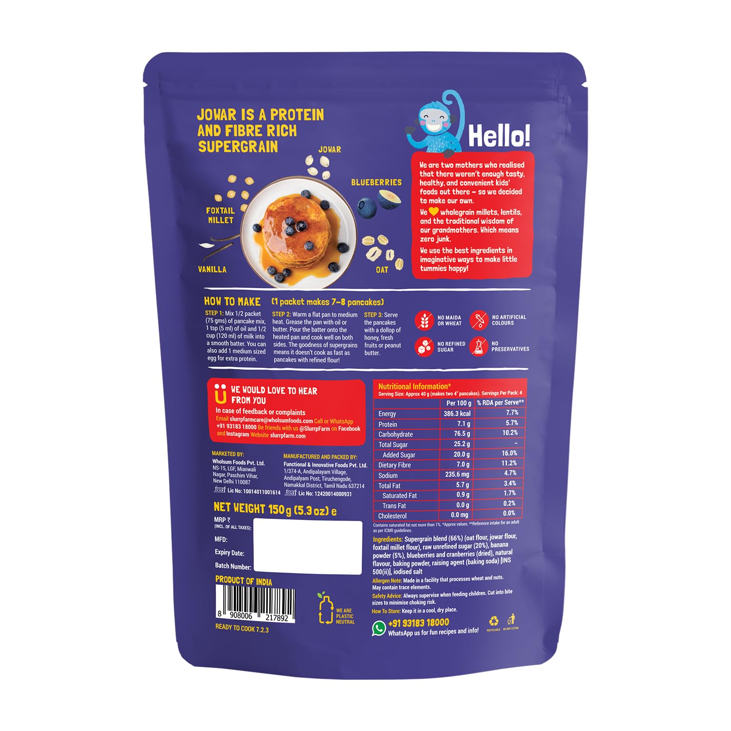 Slurrp Farm No Maida Pancake Mix | Instant Breakfast Mix made with Oats and Jowar | 100% Vegetarian Eggless Healthy Breakfast for Kids & Adults | With Real Blueberries- 150g