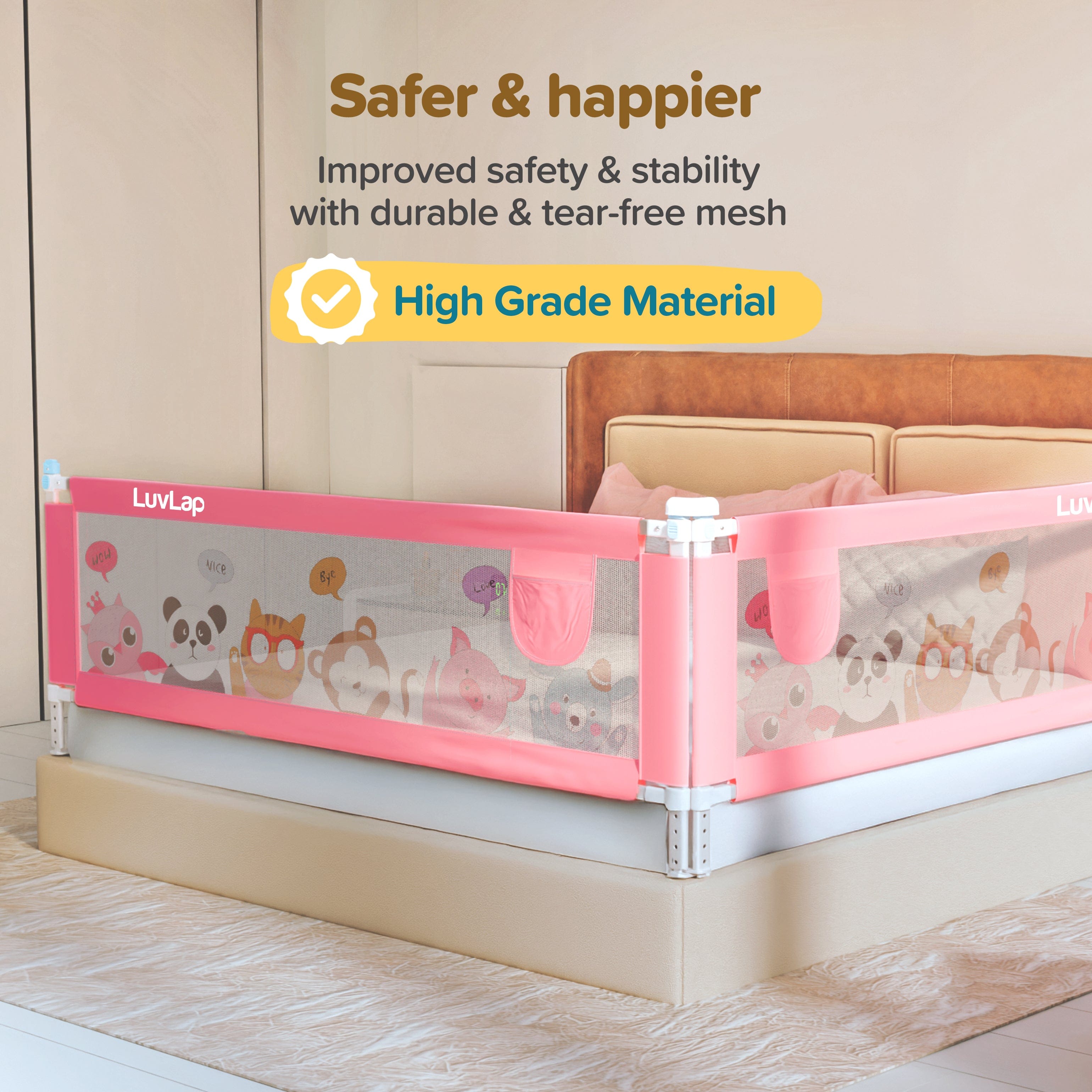 LuvLap Comfy Baby Bed Rail Guard (6 ft x 2.3 ft), 180cmx72cm, Bed Rails for Baby & Toddler Safety, Portable, Adjustable Height, Single Side Bed Rail, Pack of 1, Printed Pink