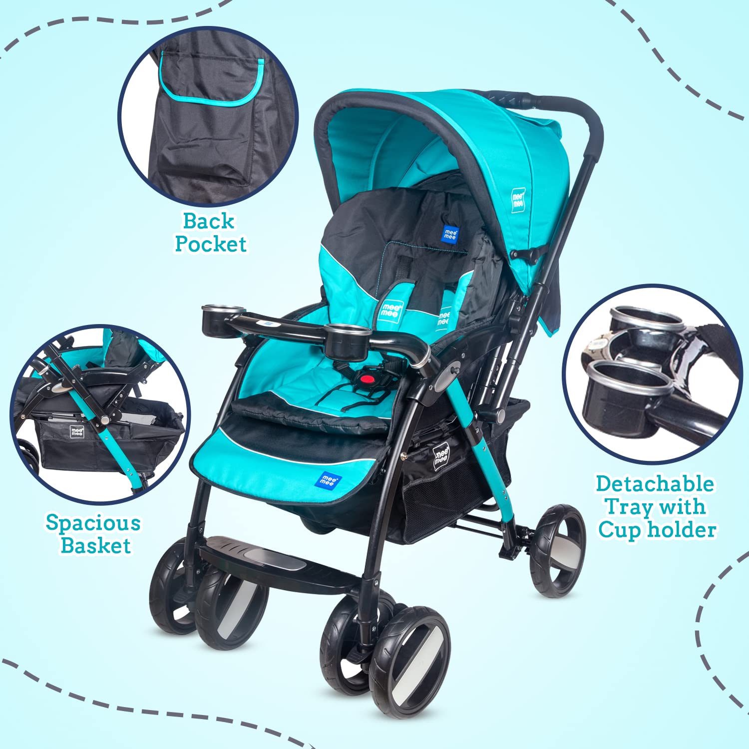 Mee Mee Advanced Baby Pram with Shock Absorber Wheels (Dark Blue)