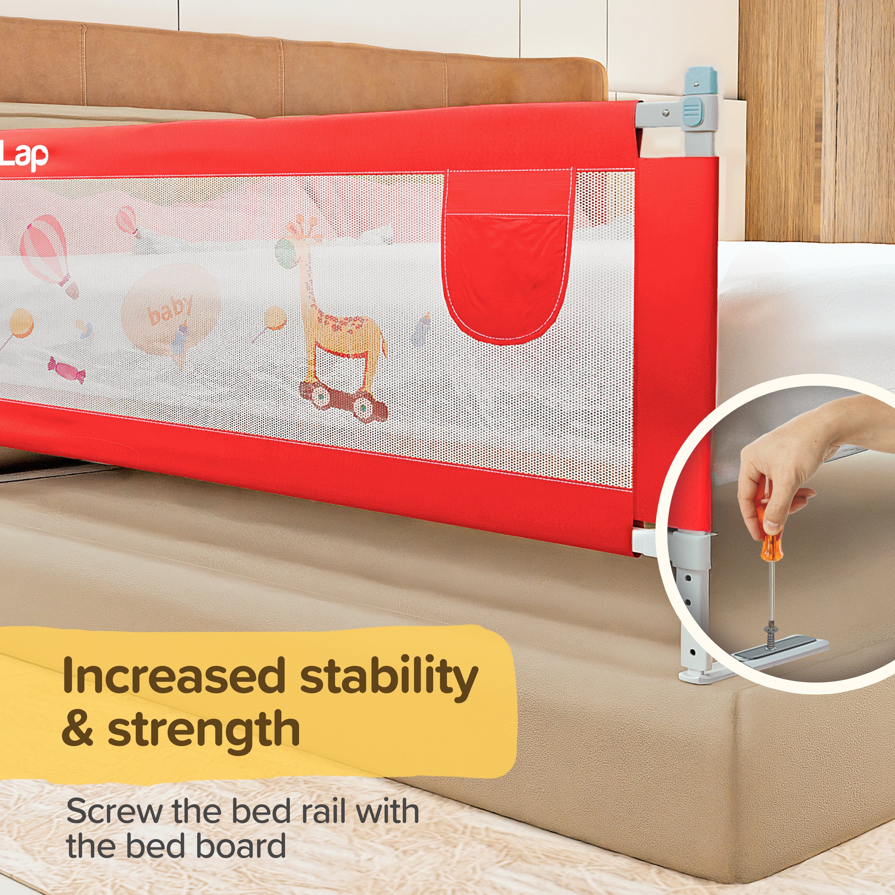LuvLap Comfy Baby Bed Rail Guard (6 ft x 2.3 ft), 180cmx72cm, Bed Rails for Baby & Toddler Safety, Portable, Adjustable Height, Single Side Bed Rail, Pack of 1, Printed Red
