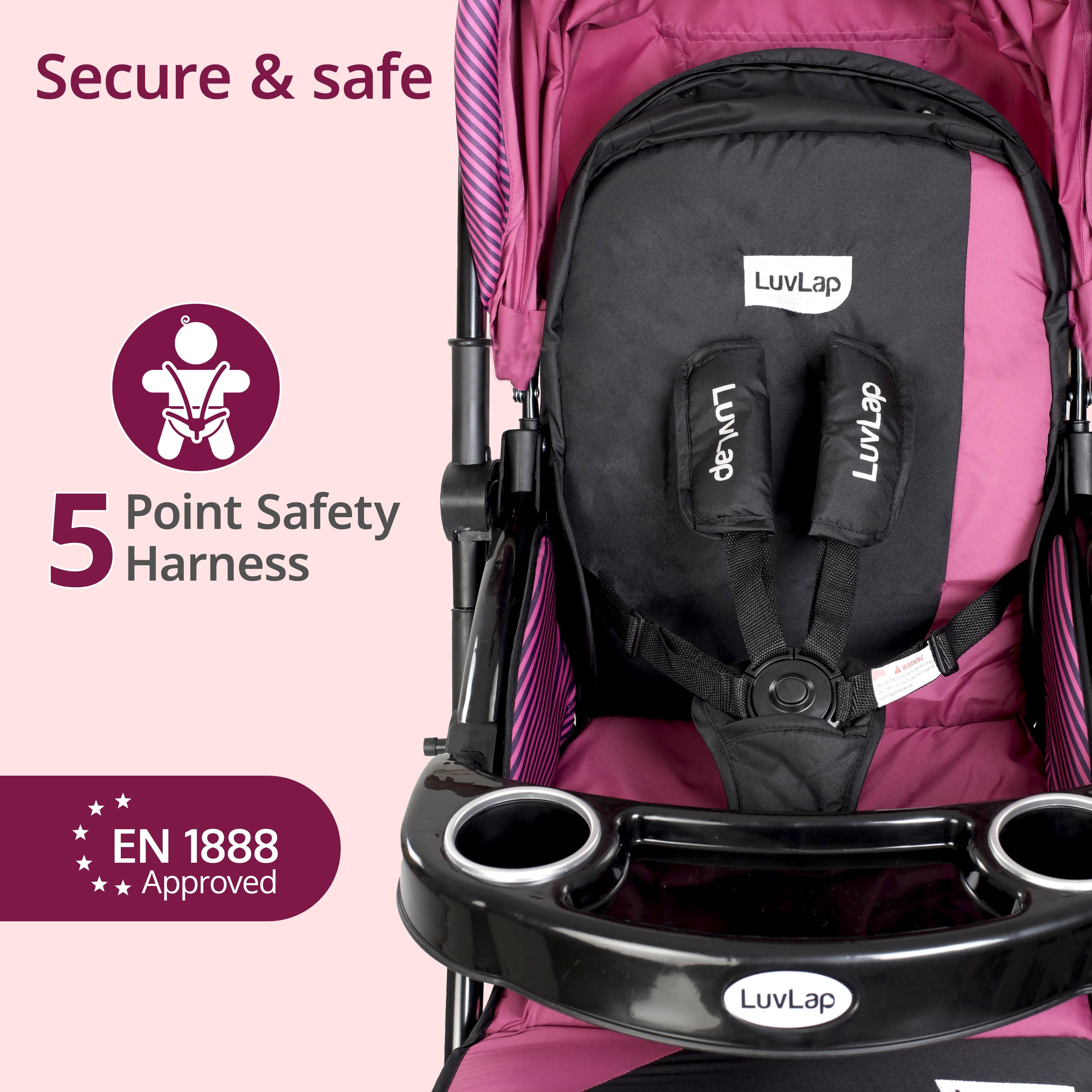luvlap Galaxy Baby Stroller, Pram for Baby with 5 Point Safety Harness, Spacious Cushioned seat with Multi Level seat Recline, Easy Fold, Lightweight Stroller for 0 to 3 Years (Pink & Black)