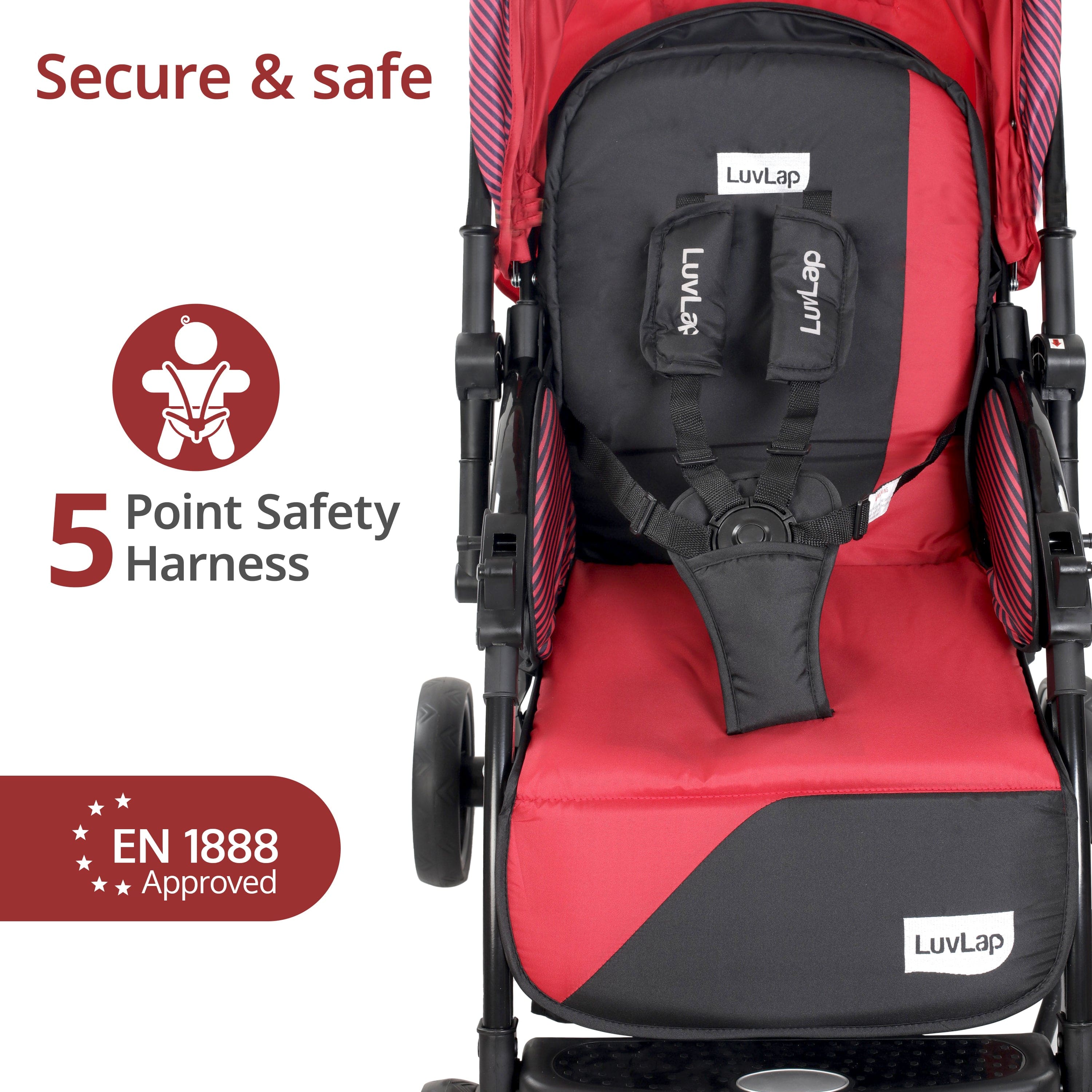 luvlap Galaxy Baby Stroller, Pram for Baby with 5 Point Safety Harness, Spacious Cushioned Seat with Multi Level Seat Recline, Easy Fold, Lightweight Stroller for 0 to 3 Years (Red & Black)