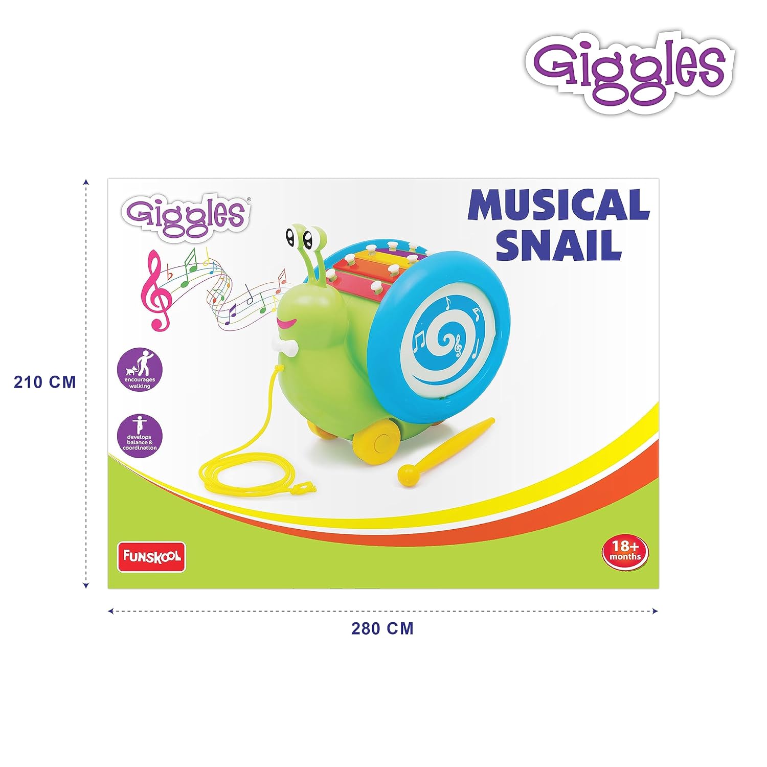 Funskool Giggles, 3 In 1 Pull Along Musical Snail, Xylophone, Drum And Walking, Pull Along, Preschool Toys, 12 Months & Above, Infant, Multicolour