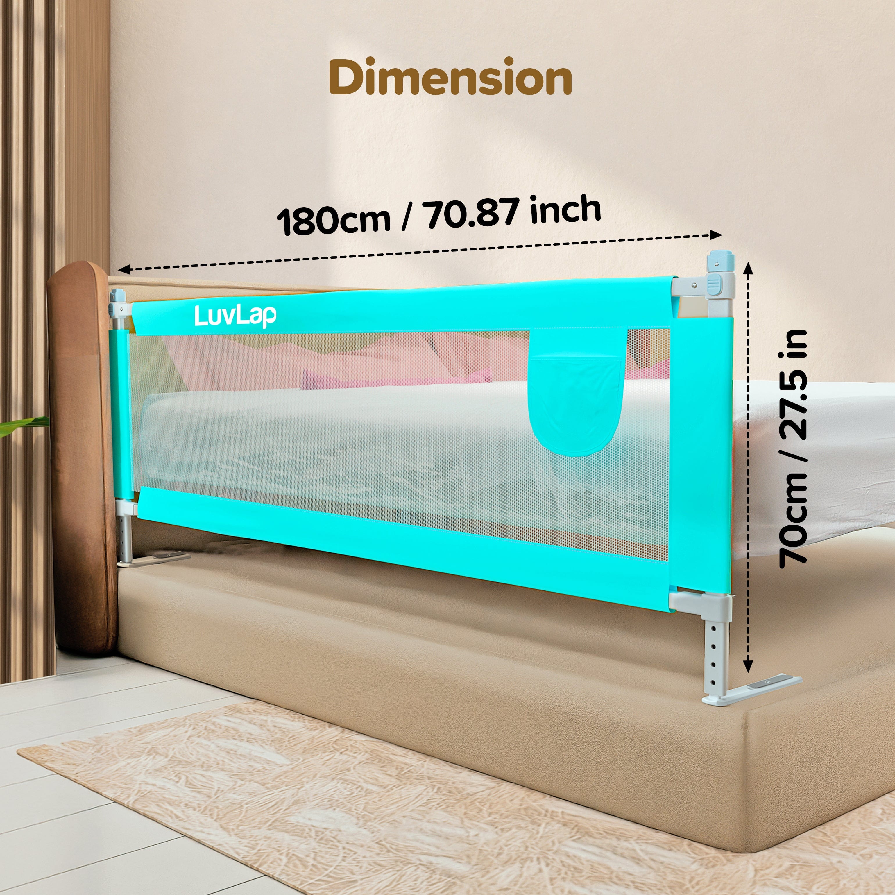 LuvLap Alloy Steel Bed Rail Guard for Baby/Kids Safety, 180Cm X 72 Cm, Portable & Foldable, Baby Safety Essential, Adjustable Height, Fits All Bed Sizes (Green - Without Print)