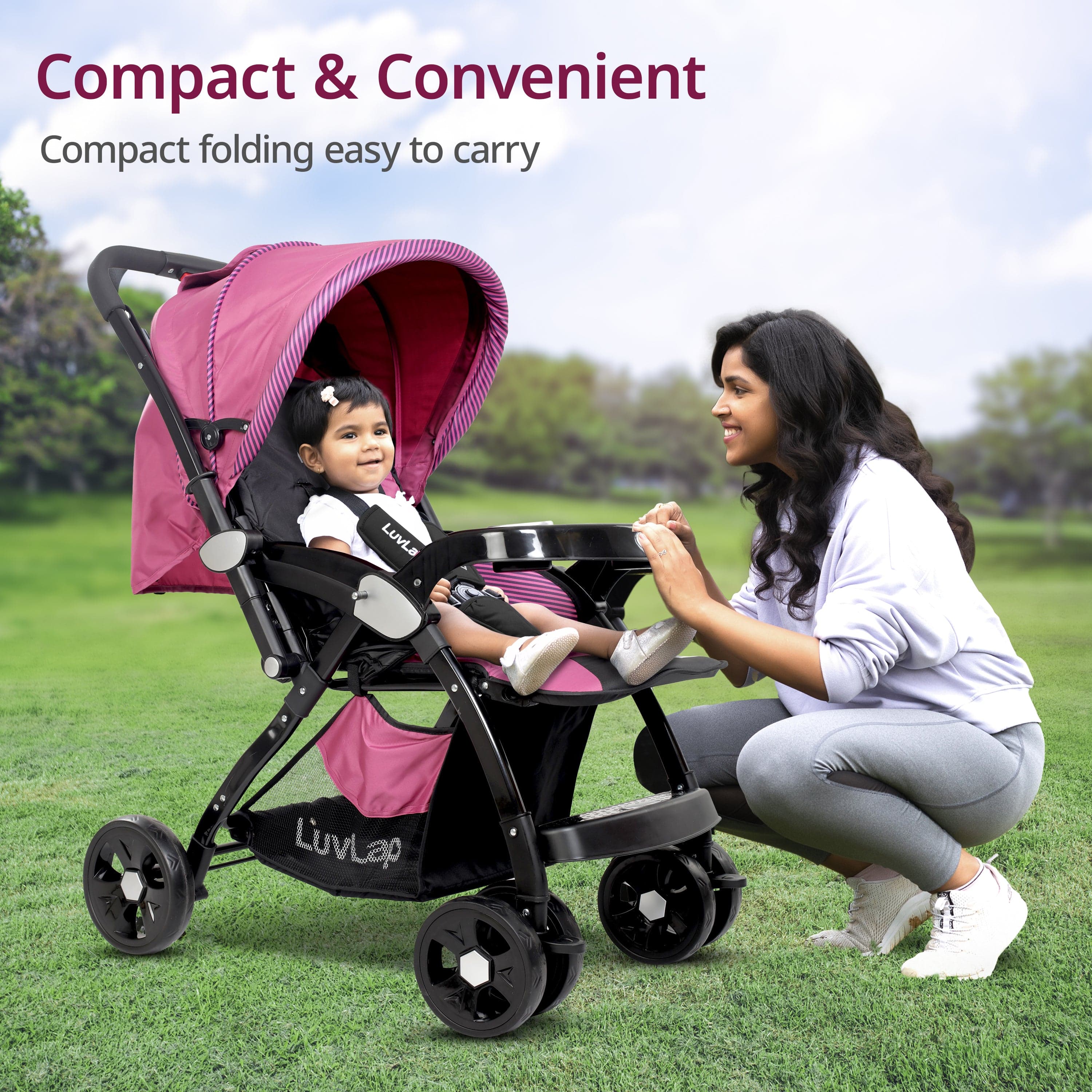 luvlap Galaxy Baby Stroller, Pram for Baby with 5 Point Safety Harness, Spacious Cushioned seat with Multi Level seat Recline, Easy Fold, Lightweight Stroller for 0 to 3 Years (Pink & Black)