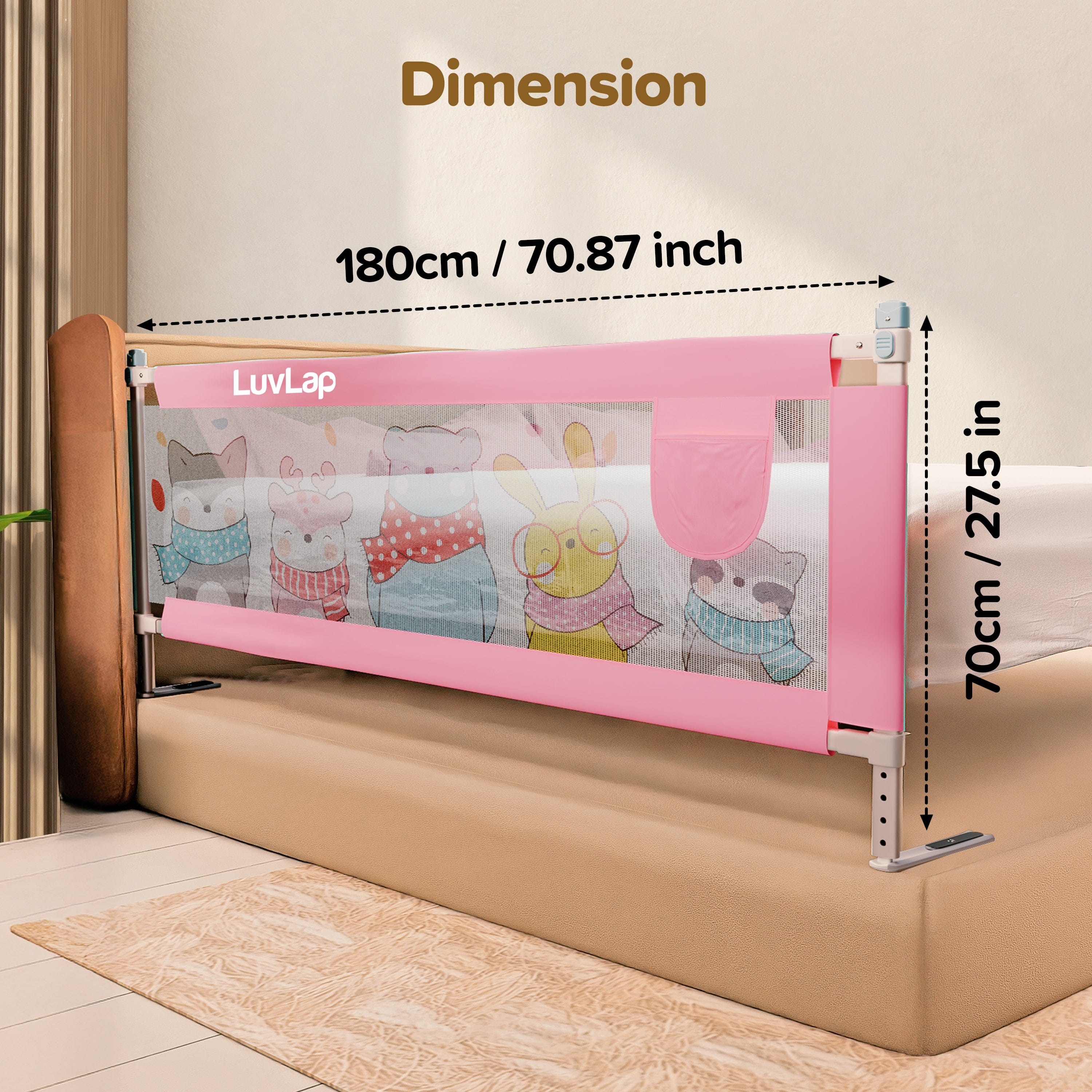 LuvLap Comfy Baby Bed Rail Guard (6 ft x 2.3 ft), 180cmx72cm, Bed Rails for Baby & Toddler Safety, Portable, Adjustable Height, Single Side Bed Rail, Pack of 1, Printed Pink New
