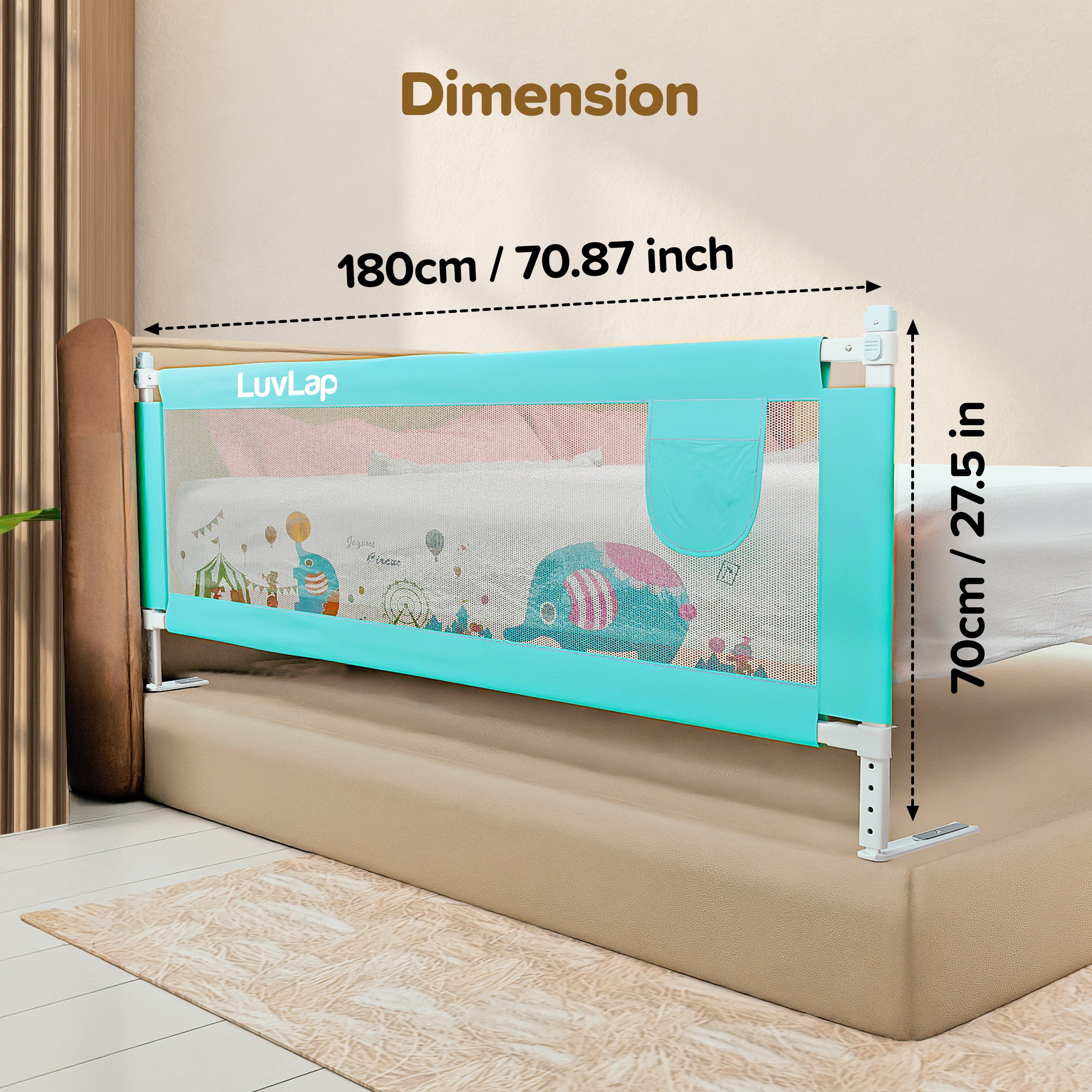 LuvLap Comfy Baby Bed Rail Guard (6 ft x 2.3 ft), 180cmx72cm, Bed Rails for Baby & Toddler Safety, Portable, Adjustable Height, Single Side Bed Rail, Pack of 1, Green