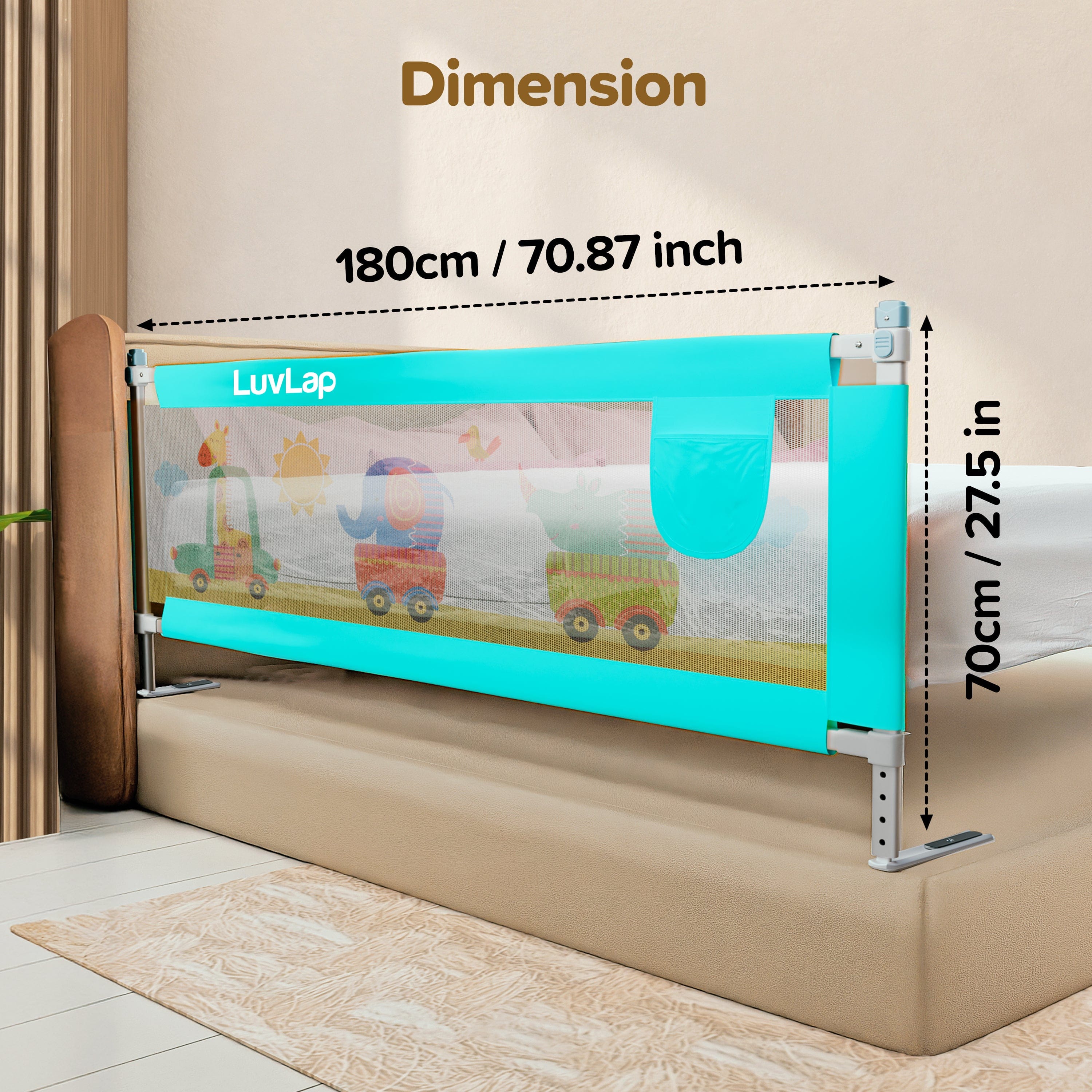 LuvLap Comfy Baby Bed Rail Guard (6 ft x 2.3 ft), 180cmx72cm, Bed Rails for Baby & Toddler Safety, Portable, Adjustable Height, Single Side Bed Rail, Pack of 1, Printed Green