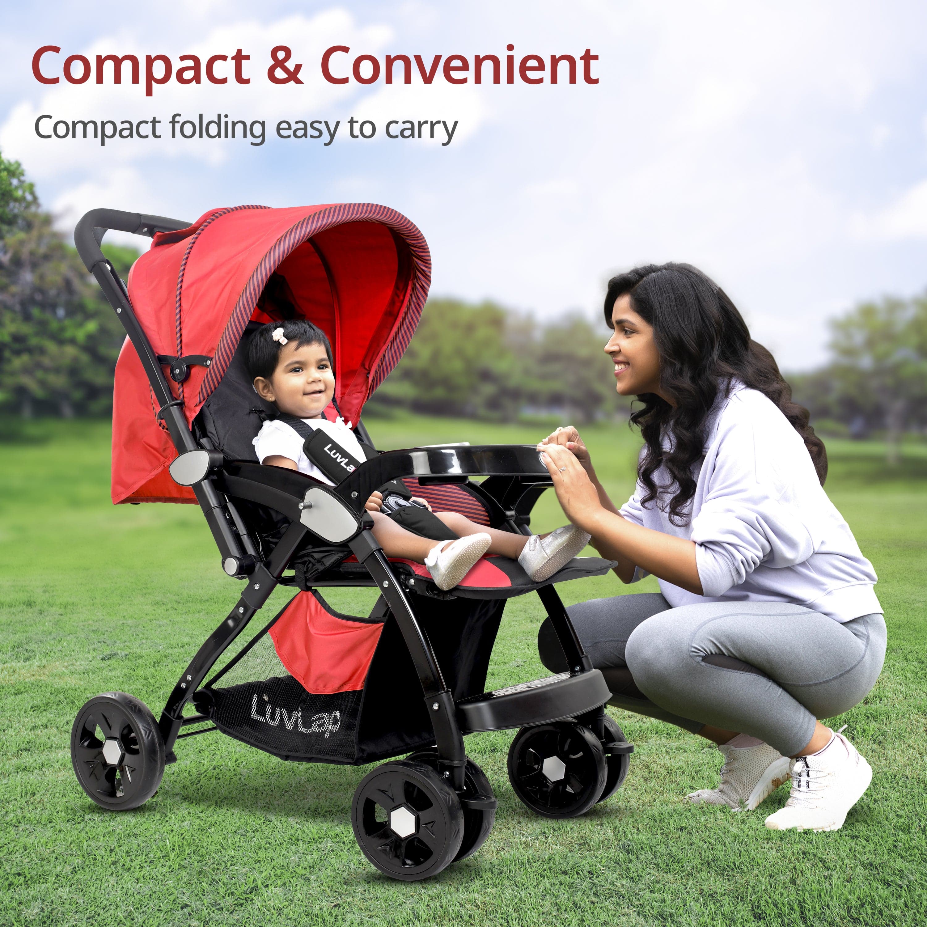 luvlap Galaxy Baby Stroller, Pram for Baby with 5 Point Safety Harness, Spacious Cushioned Seat with Multi Level Seat Recline, Easy Fold, Lightweight Stroller for 0 to 3 Years (Red & Black)