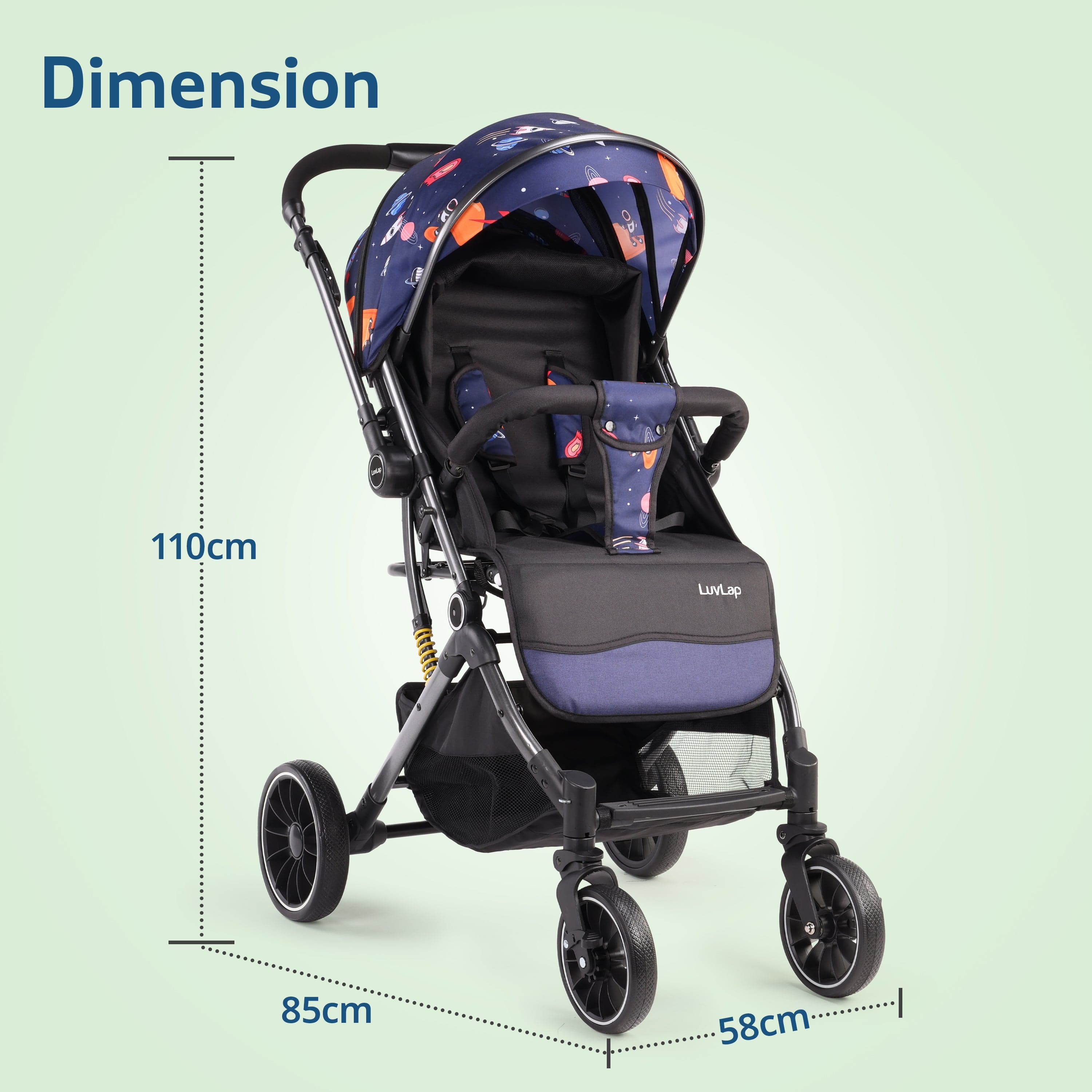luvlap Alpha Baby Stroller/Pram, One Fold, Travel Friendly, 5 Point Safety Harness, Reversible Handle bar, Multilevel Recline & Adjustable footrest, Extendable Canopy, for Babies 0-3 Years (Blue)