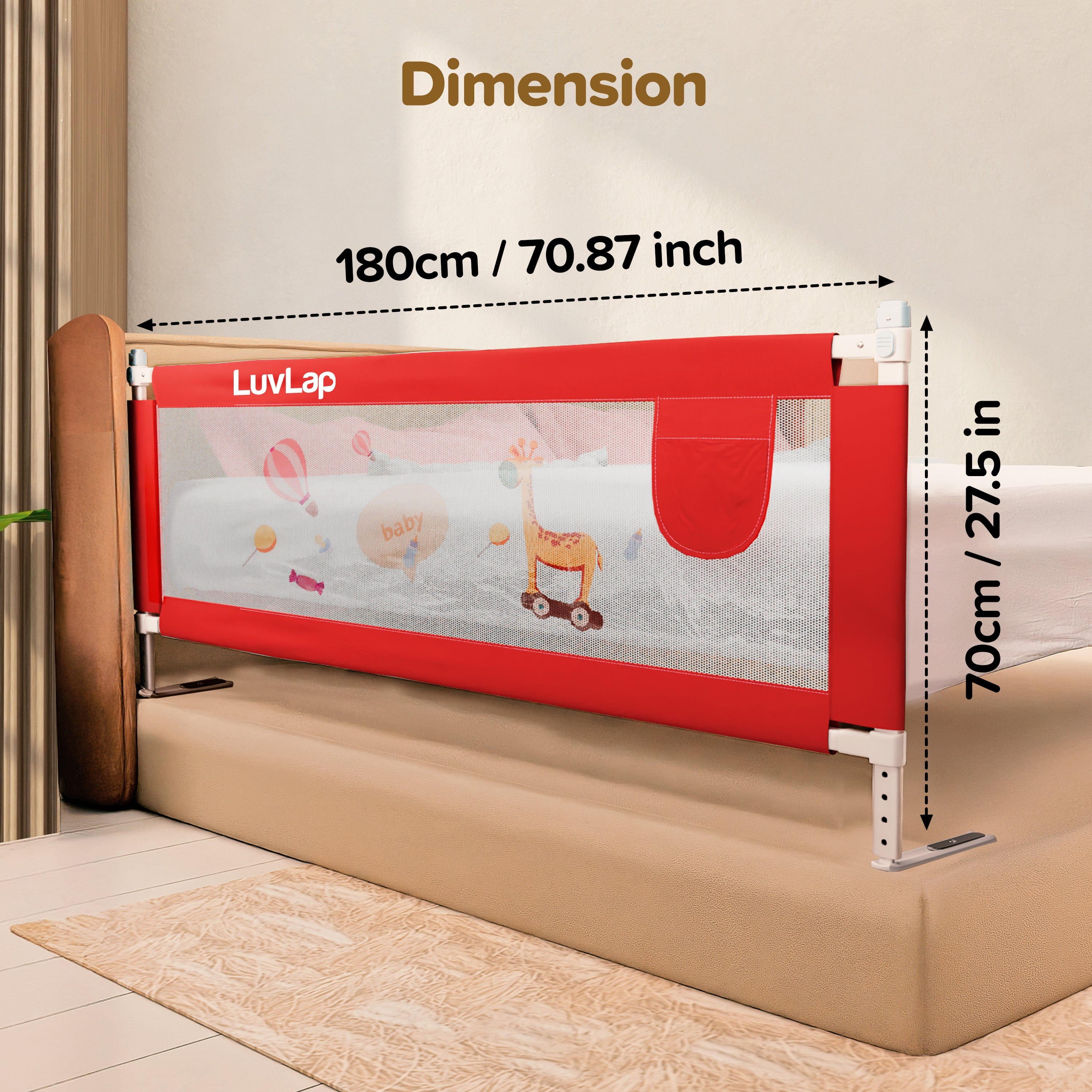LuvLap Comfy Baby Bed Rail Guard (6 ft x 2.3 ft), 180cmx72cm, Bed Rails for Baby & Toddler Safety, Portable, Adjustable Height, Single Side Bed Rail, Pack of 1, Printed Red