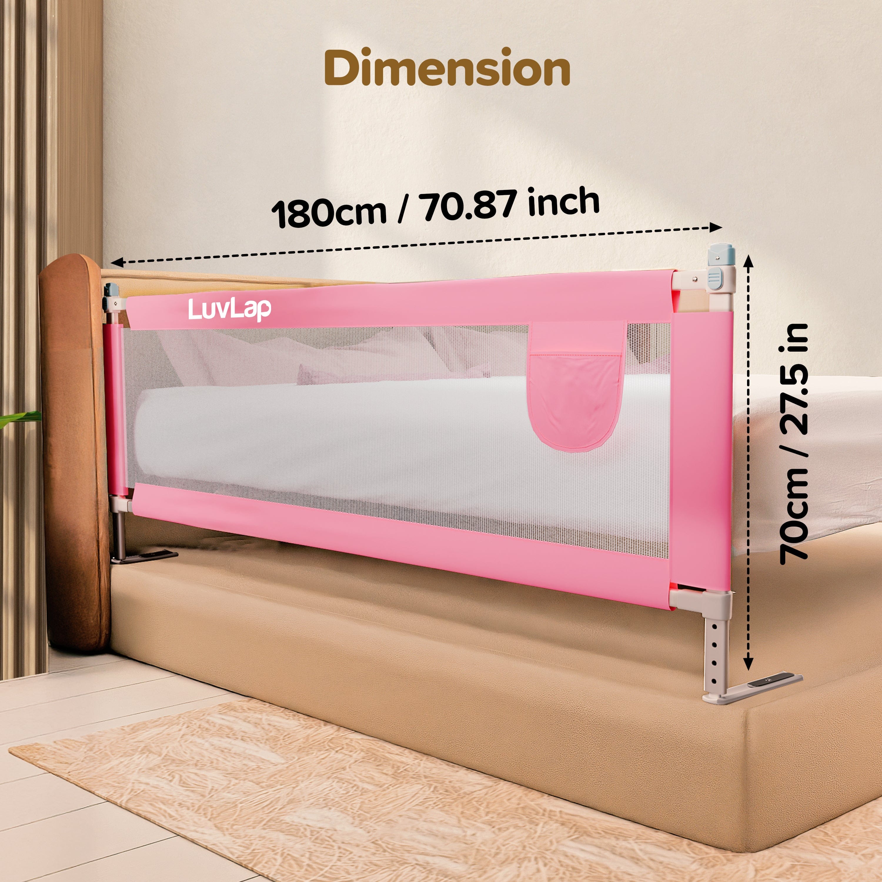 LuvLap Bed Rail Guard for Baby/Kids Safety, 180cm x 72 cm, Portable & Foldable, Baby Safety Essential, Adjustable Height, fits All Bed Sizes (Pink - Without Print)