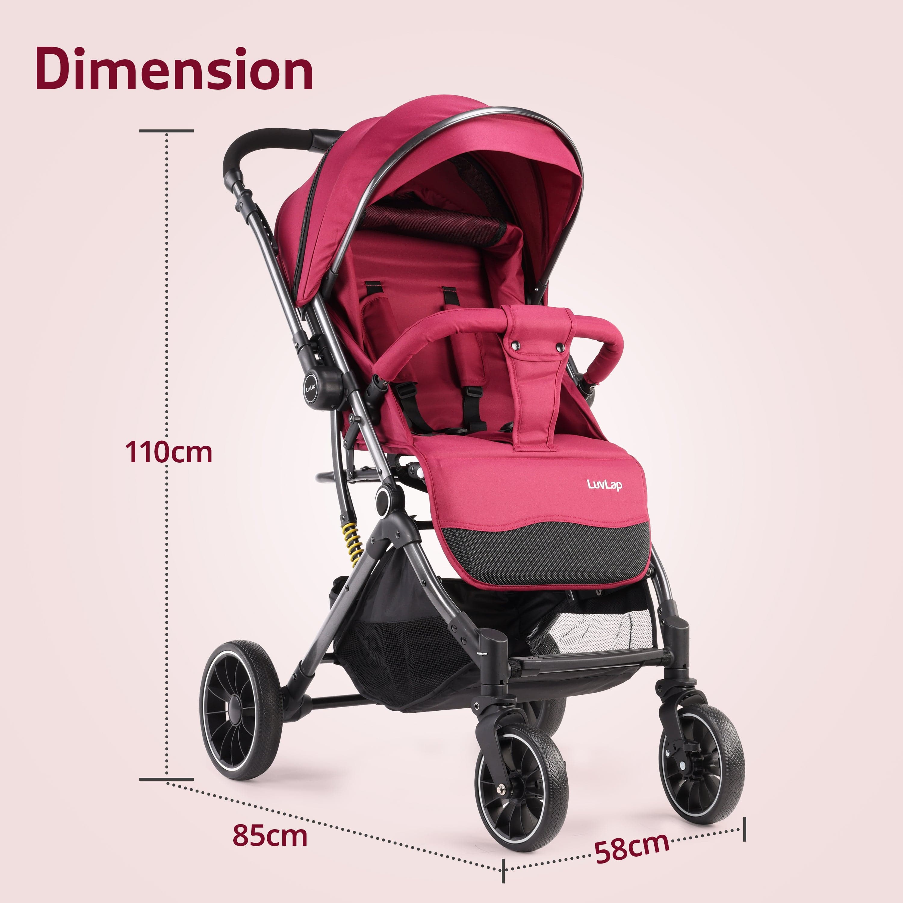 luvlap Alpha Baby Stroller/Pram, One Fold, Travel Friendly, 5 Point Safety Harness, Reversible Handle bar, Multilevel Recline & Adjustable footrest, Extendable Canopy, for Babies 0-3 Years (Red)