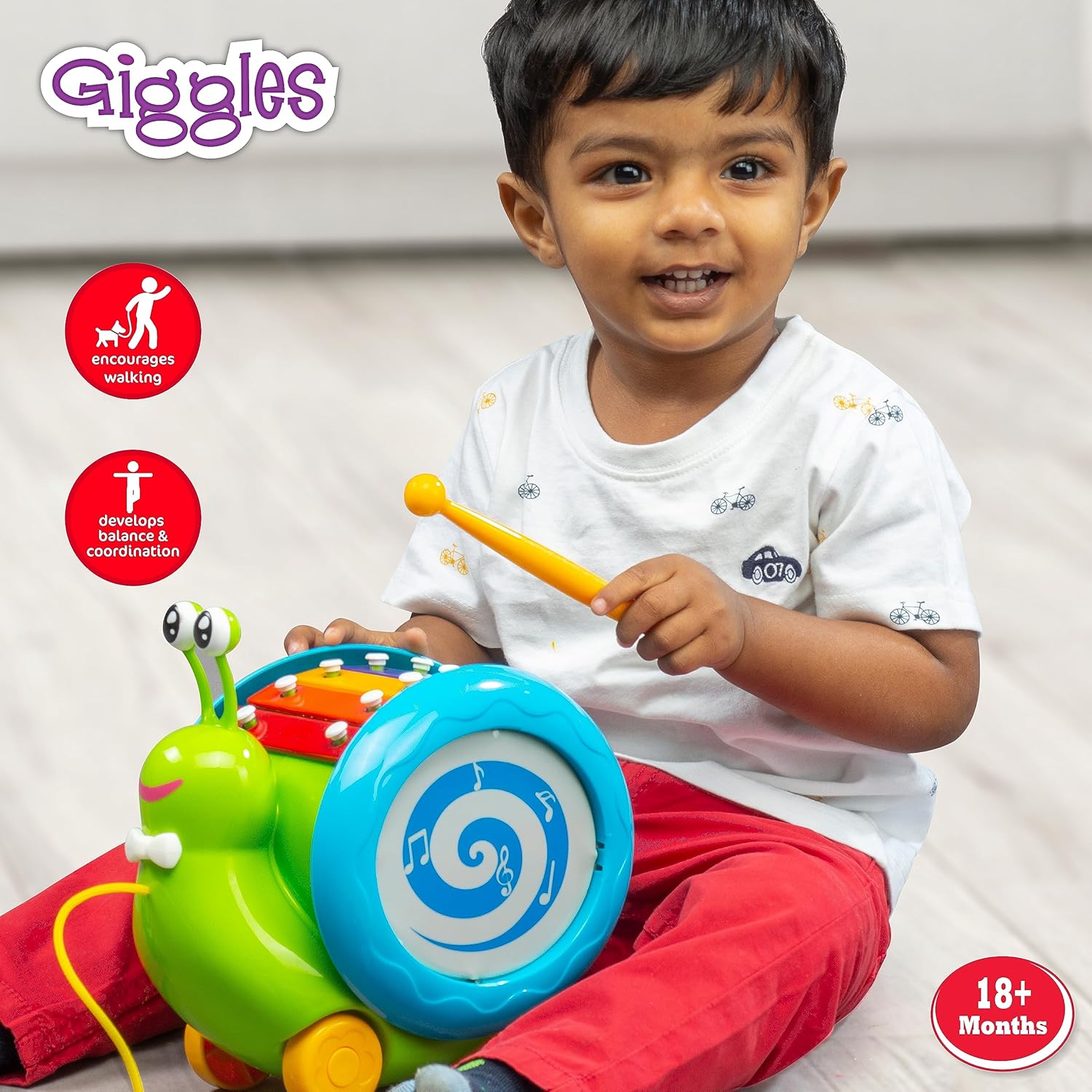 Funskool Giggles, 3 In 1 Pull Along Musical Snail, Xylophone, Drum And Walking, Pull Along, Preschool Toys, 12 Months & Above, Infant, Multicolour