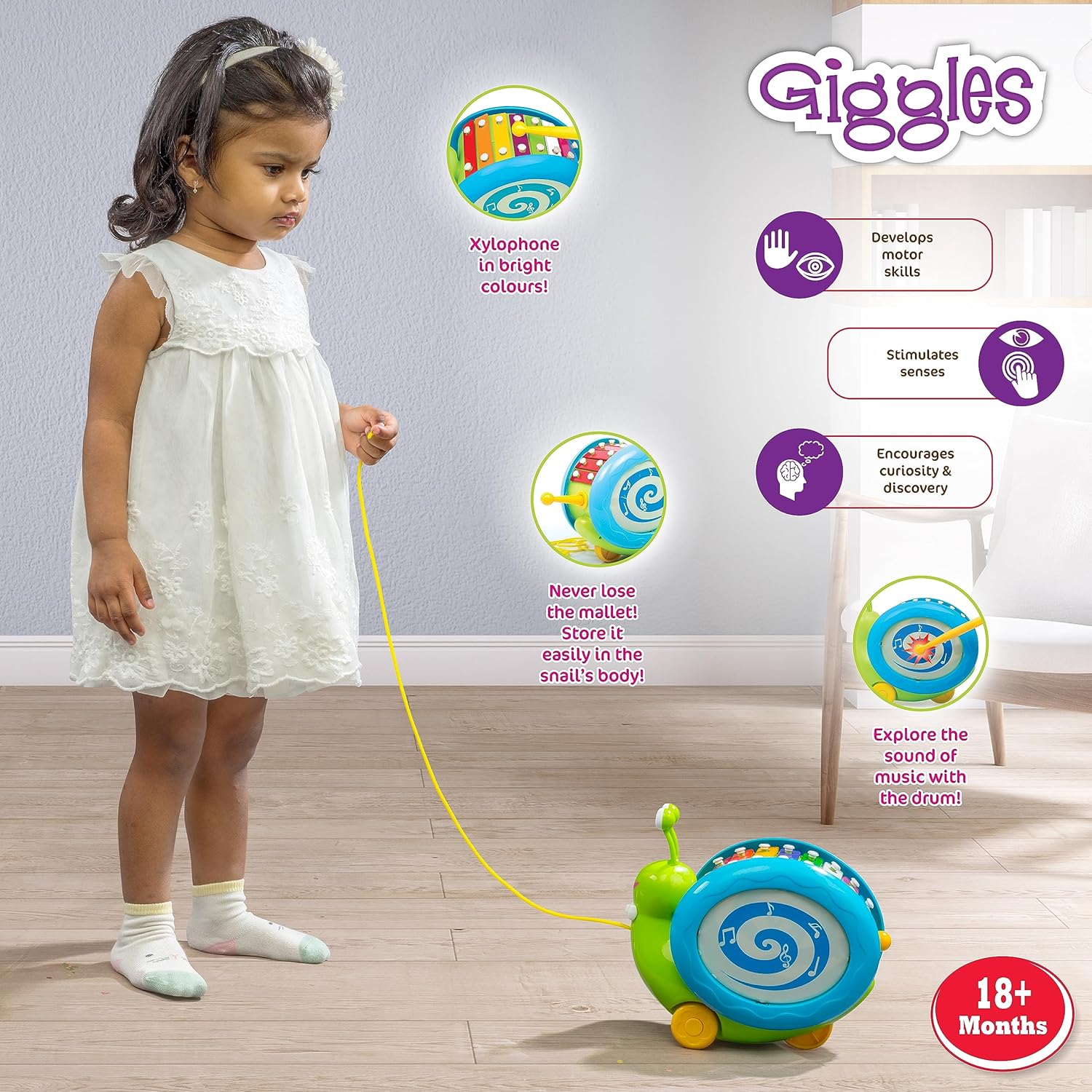 Funskool Giggles, 3 In 1 Pull Along Musical Snail, Xylophone, Drum And Walking, Pull Along, Preschool Toys, 12 Months & Above, Infant, Multicolour