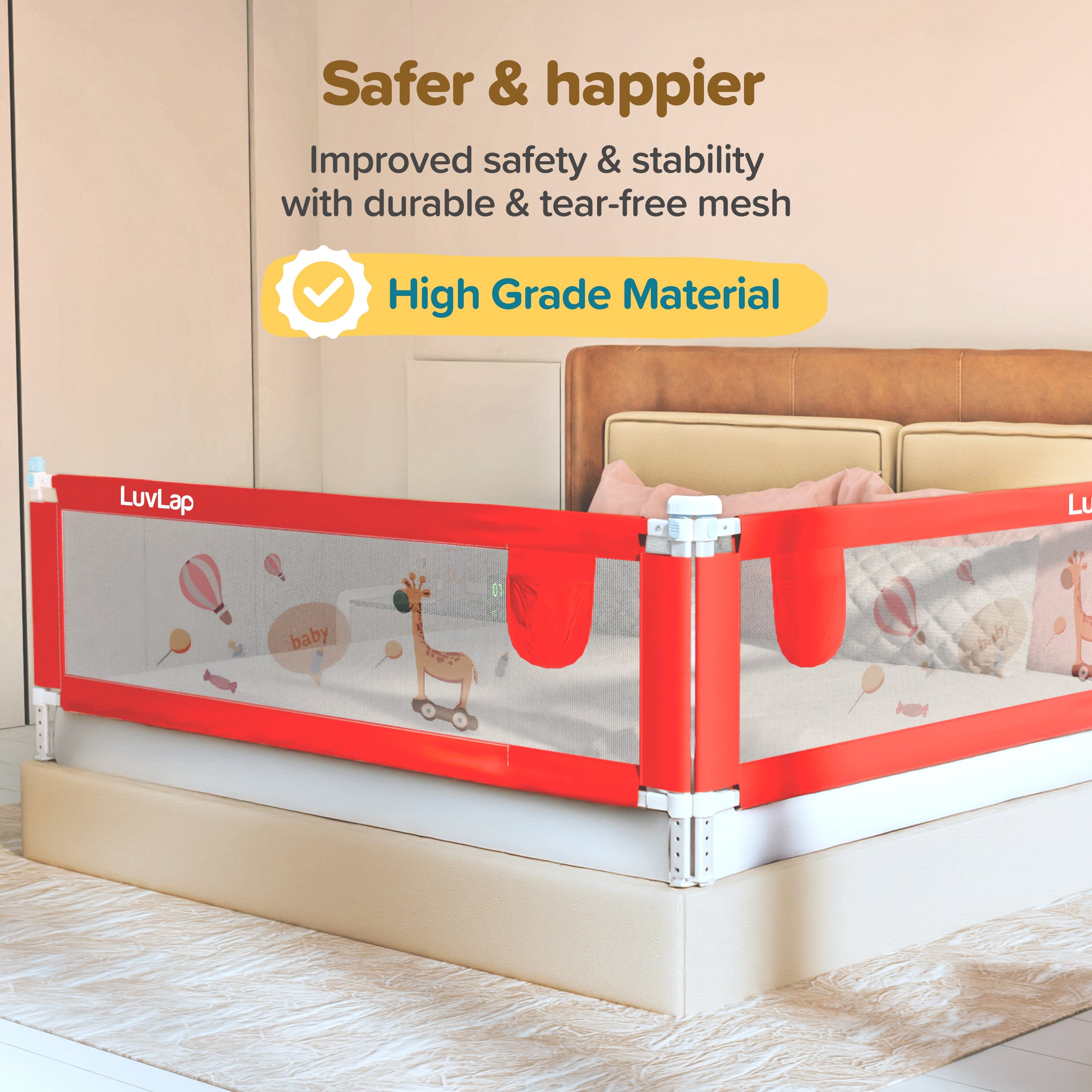 LuvLap Comfy Baby Bed Rail Guard (6 ft x 2.3 ft), 180cmx72cm, Bed Rails for Baby & Toddler Safety, Portable, Adjustable Height, Single Side Bed Rail, Pack of 1, Printed Red