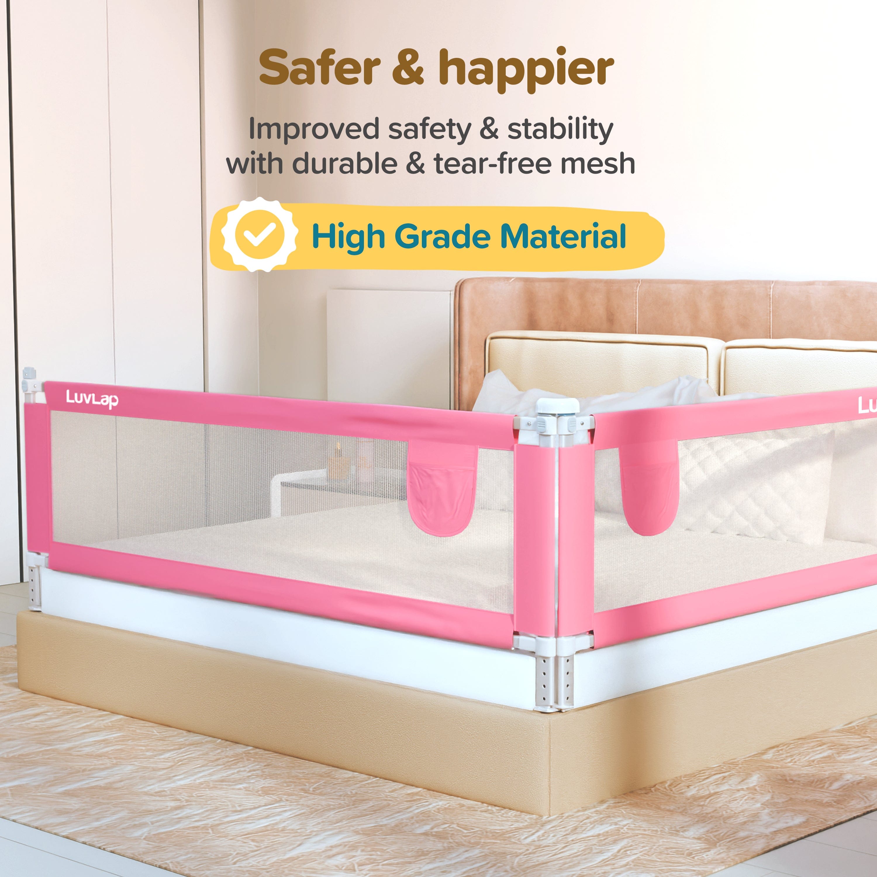 LuvLap Bed Rail Guard for Baby/Kids Safety, 180cm x 72 cm, Portable & Foldable, Baby Safety Essential, Adjustable Height, fits All Bed Sizes (Pink - Without Print)