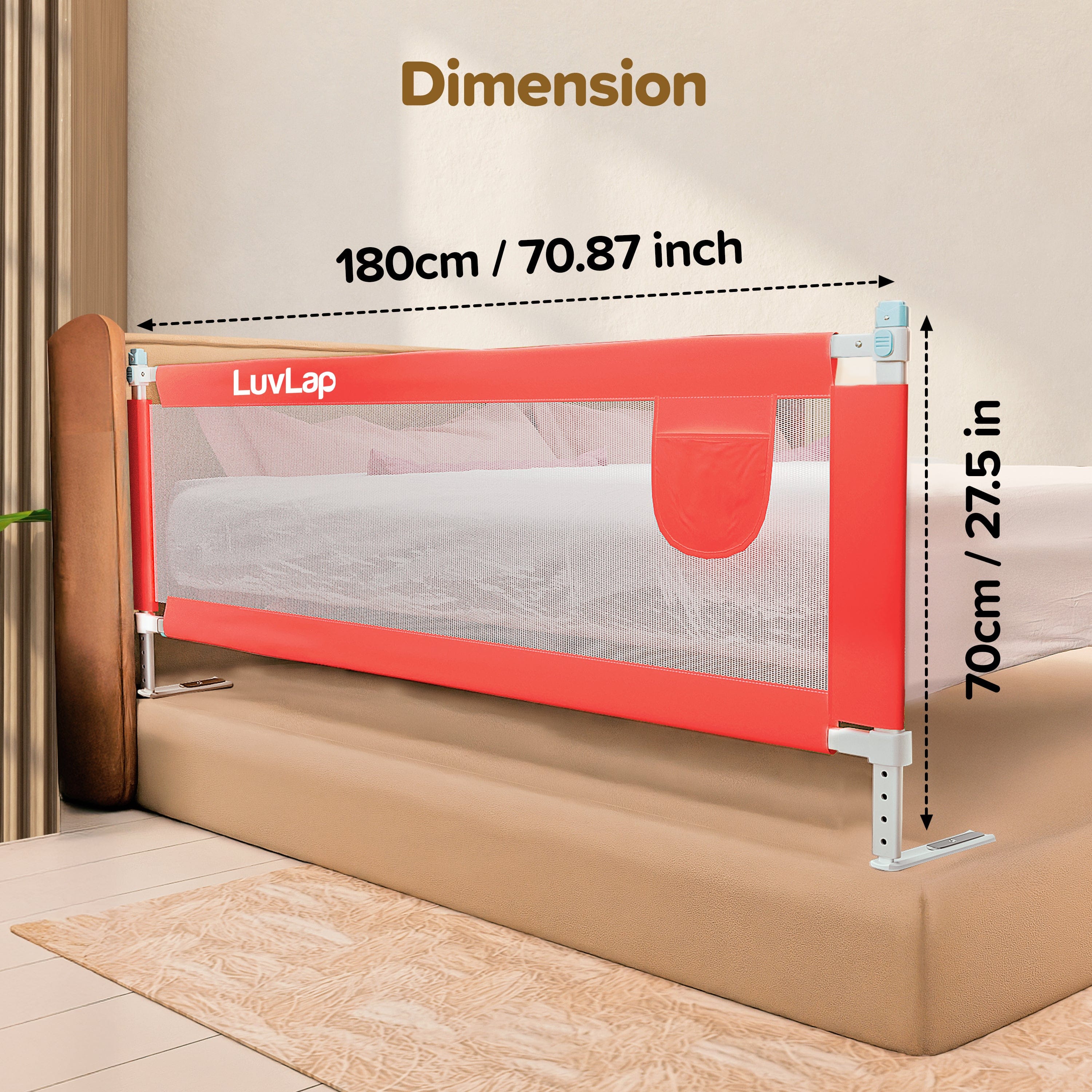 LuvLap Bed Rail Guard for Baby/Kids Safety, 180cm x 72 cm, Portable & Foldable, Baby Safety Essential, Adjustable Height, fits All Bed Sizes (Red - Without Print)