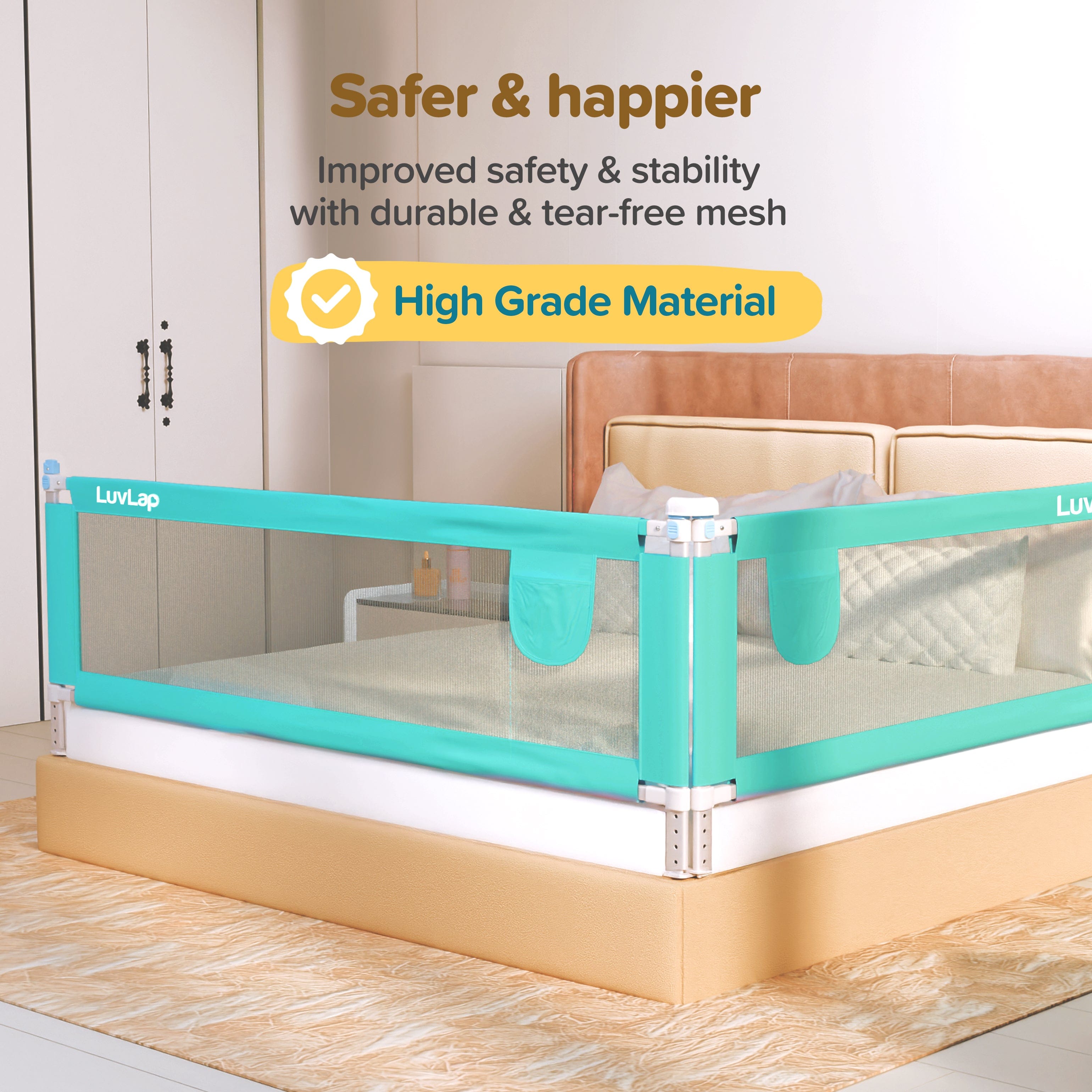 LuvLap Alloy Steel Bed Rail Guard for Baby/Kids Safety, 180Cm X 72 Cm, Portable & Foldable, Baby Safety Essential, Adjustable Height, Fits All Bed Sizes (Green - Without Print)