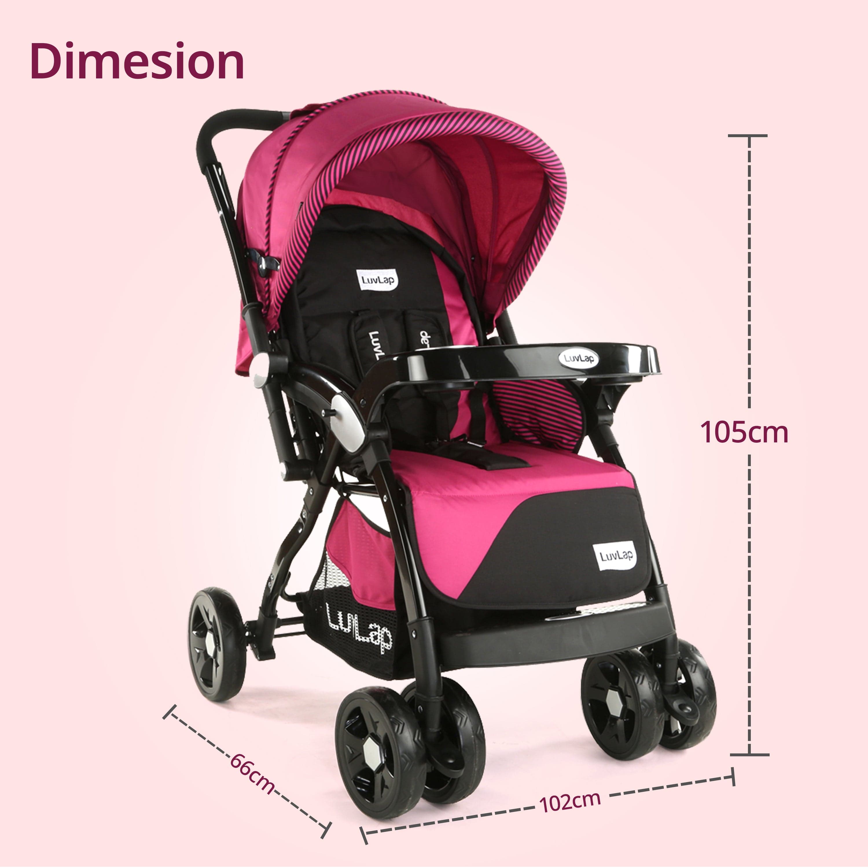 luvlap Galaxy Baby Stroller, Pram for Baby with 5 Point Safety Harness, Spacious Cushioned seat with Multi Level seat Recline, Easy Fold, Lightweight Stroller for 0 to 3 Years (Pink & Black)