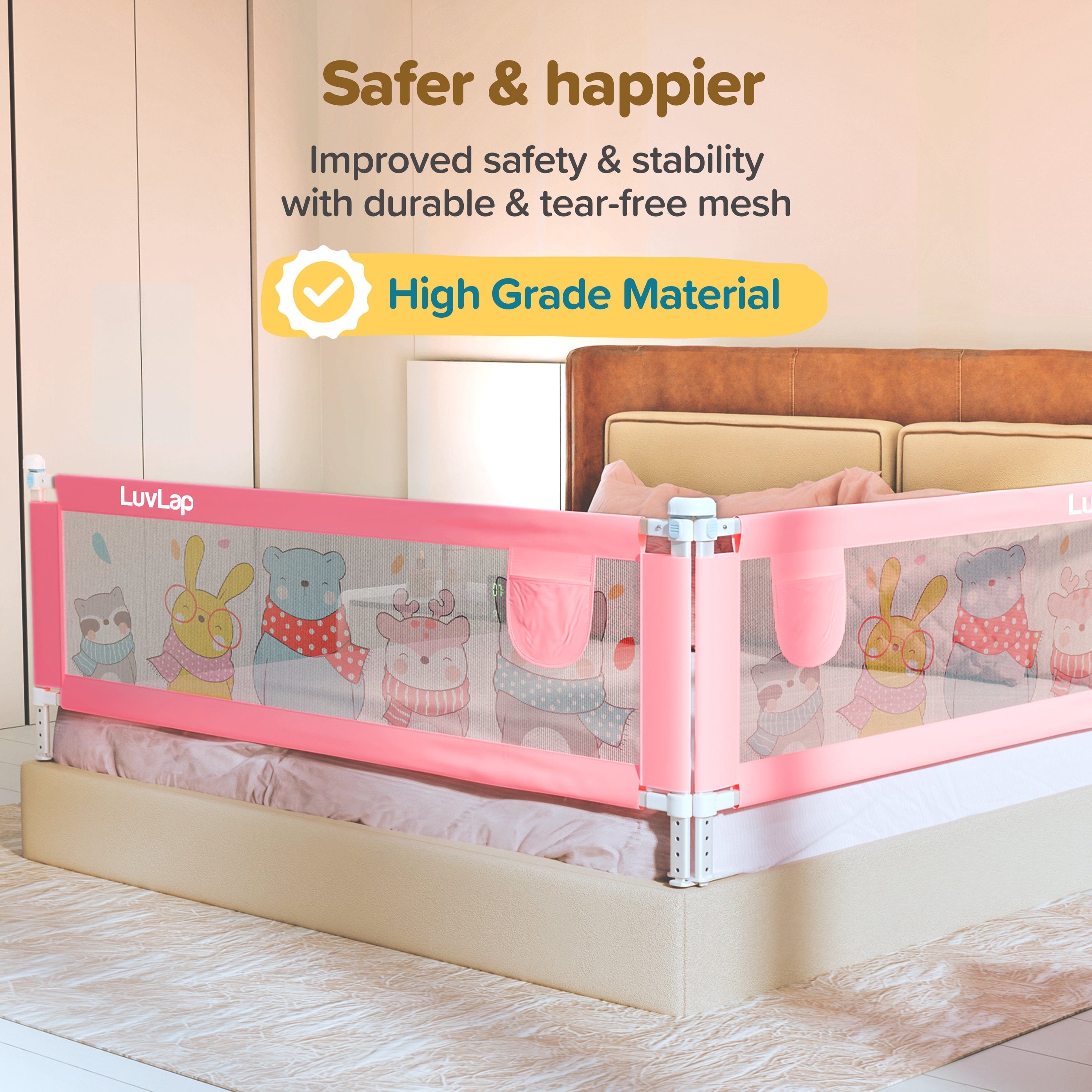 LuvLap Comfy Baby Bed Rail Guard (6 ft x 2.3 ft), 180cmx72cm, Bed Rails for Baby & Toddler Safety, Portable, Adjustable Height, Single Side Bed Rail, Pack of 1, Printed Pink New
