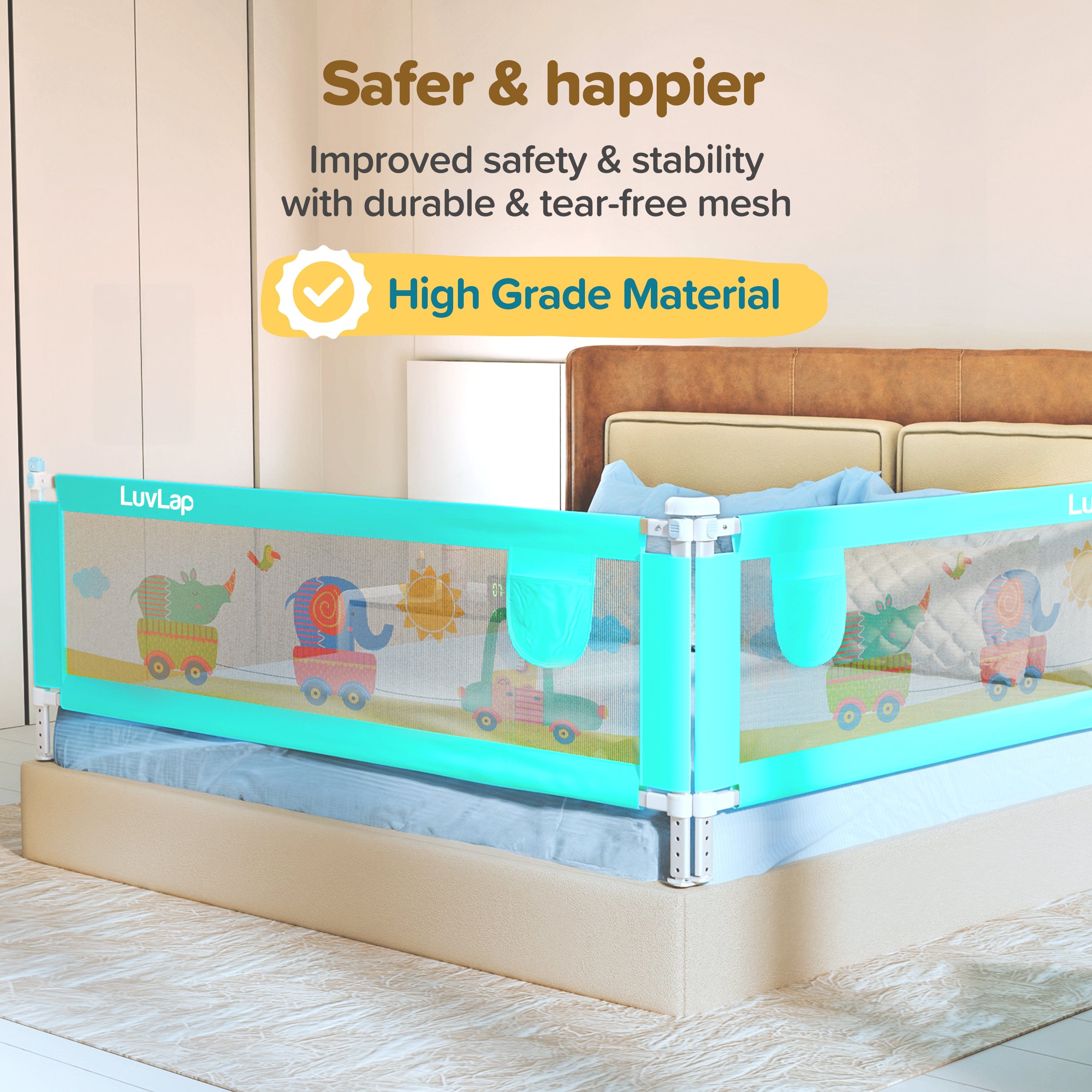 LuvLap Comfy Baby Bed Rail Guard (6 ft x 2.3 ft), 180cmx72cm, Bed Rails for Baby & Toddler Safety, Portable, Adjustable Height, Single Side Bed Rail, Pack of 1, Printed Green