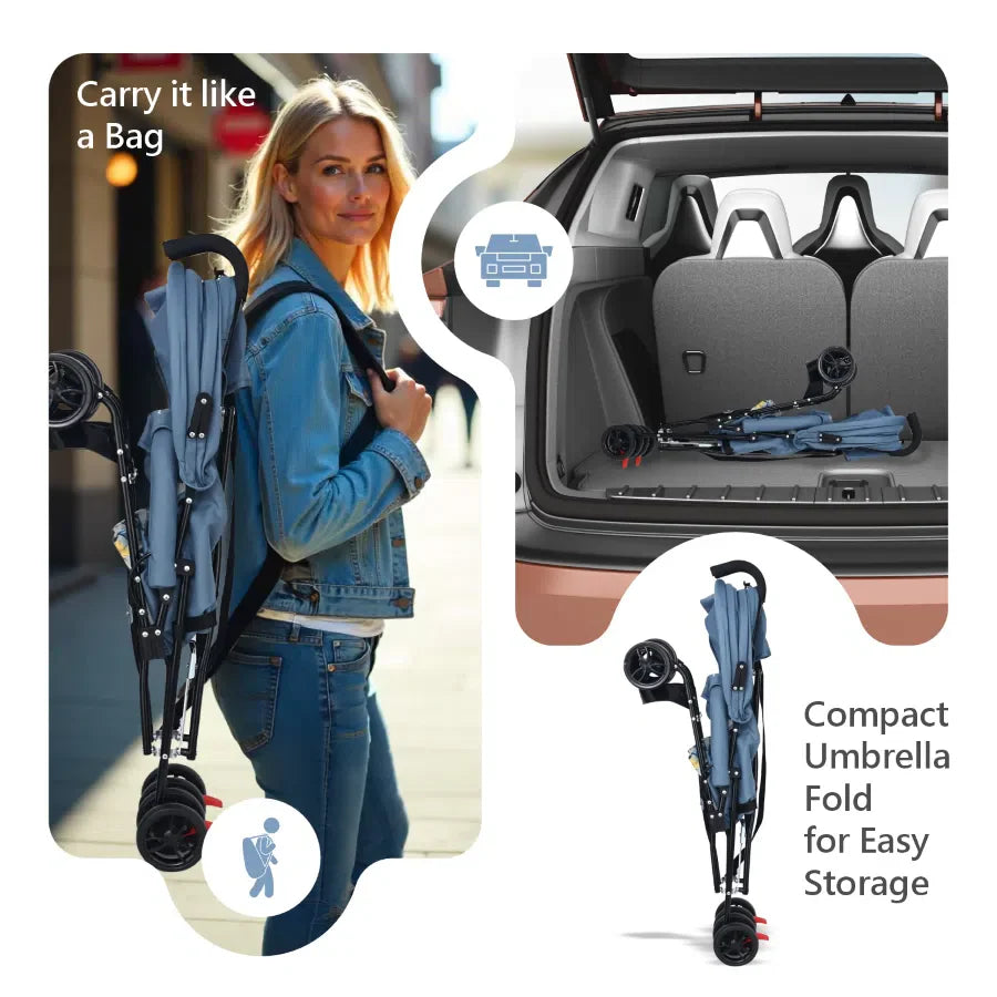Pixie Buggy Stroller - Easy to Fold & Store, UV Sun Protection Canopy, Rear Brakes, Storage bag
