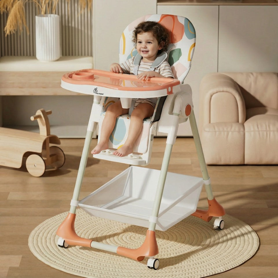 R for Rabbit Marshmallow High Chair - 7 Level Height Adjustment, 3 Recline Modes, Adjustable & Removable Double Meal Tray, 6 months-5 years